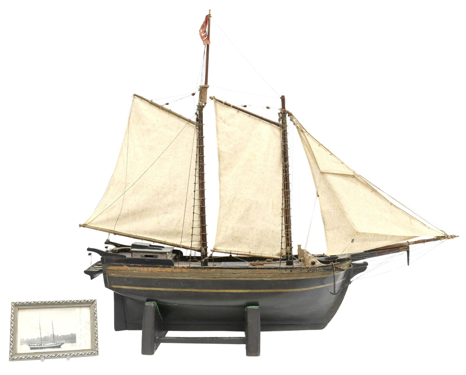ANTIQUE AMERICAN SHIP MODEL, MAINE SCHOONER POLLY: American ship model, early 20th c., depicting the historic two-masted Belfast Maine schooner "Polly," having carved and painted wooden body fitted with detailed rigging, fabric sails, articulated rudd