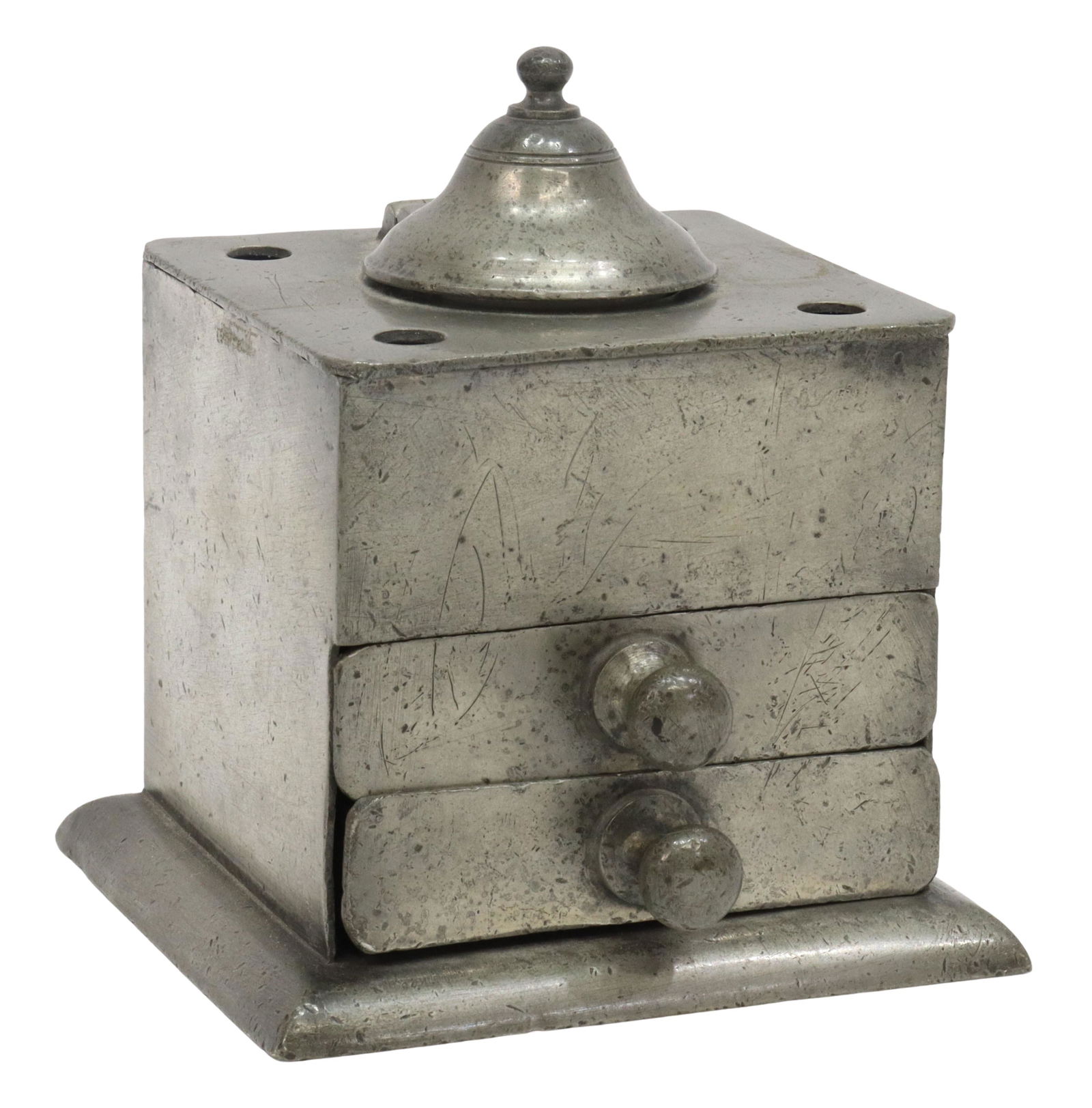 PEWTER INKWELL MAIL COACH OFFICE YORK 1790: Pewter inkwell, 18th c., domed lid with knop finial, porcelain insert, over two drawers, engraved underfoot "Mail Coach Office, York, 1790," incised initials, approx 4.25"h, 3.5"w, 3.25"d, 1.25lbs **P