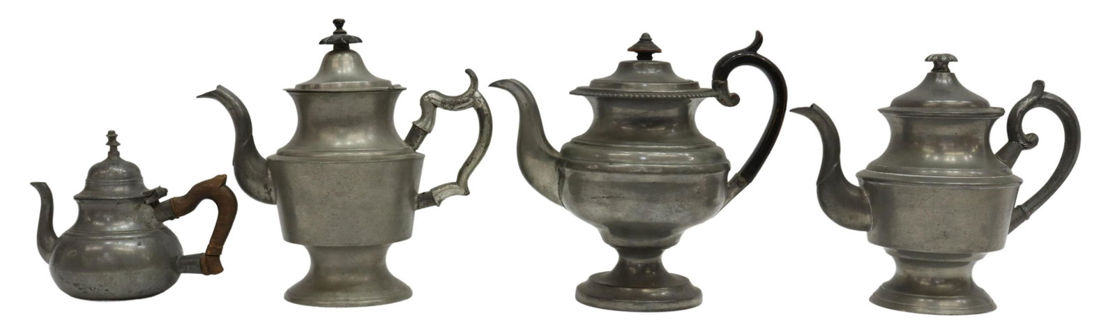(4) GROUP OF PEWTER TEAPOTS, RHODE ISLAND, 19TH C.: (lot of 4) Pewter teapots, 19th c., including: (1) Samuel Ellis teapot, London, restoration to handle, approx 5.5"h, (1) George Richardson teapot, Rhode Island, Boston, approx 9.25"h, (1) William Cald