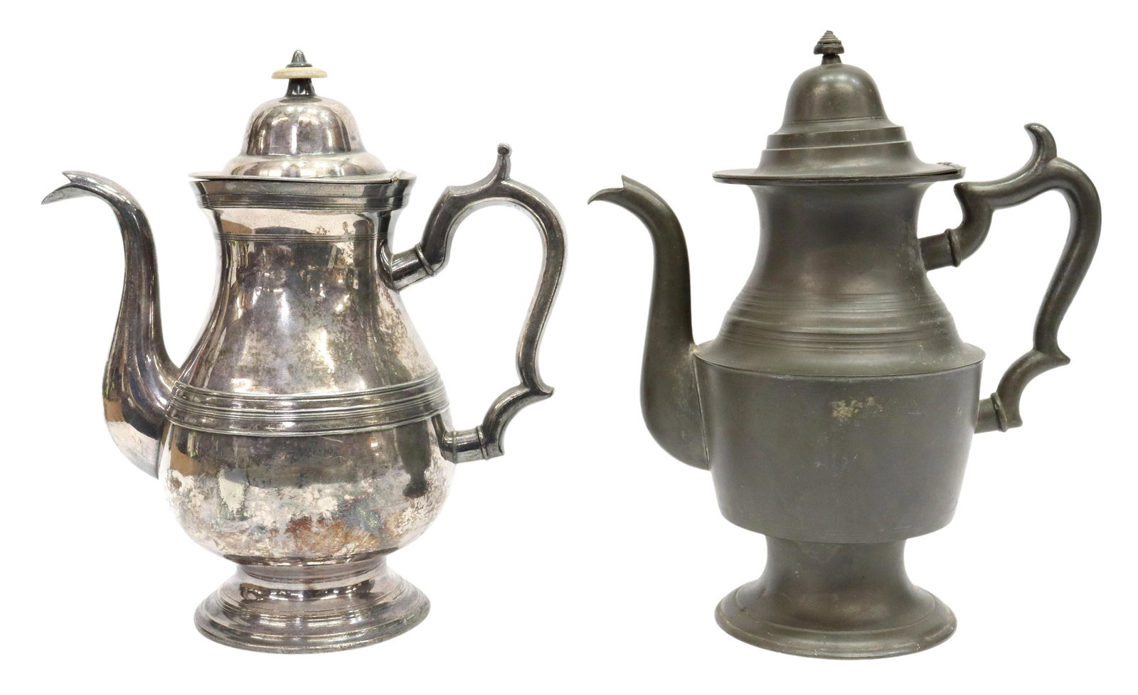 (2) AMERICAN DUNHAM & GRISWOLD PEWTER COFFEE POTS: (lot of 2) American pewter coffee pots, 19th c., domed lids with wafer finials, goose neck spouts, spurred handles, including: (1) Rufus Dunham (Westbrook, Maine, 1815-1882), R. Dunham touchmark under