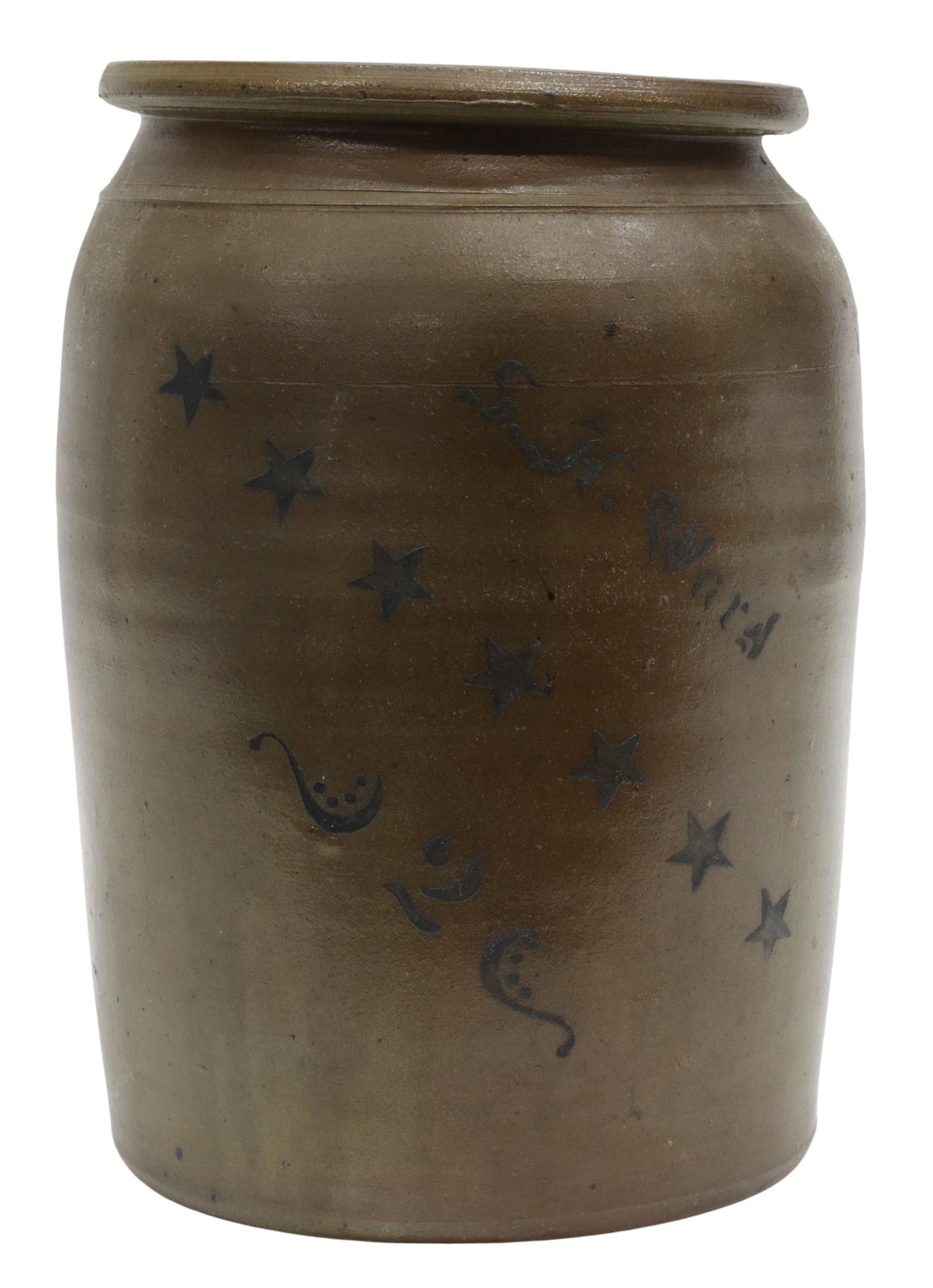 STEPHEN H. WARD WEST BROWNSVILLE, PA CROCK: American salt glazed stoneware two gallon crock/ canning jar, signed S.H. Ward (Stephen H. Ward, fl.1865-1880), West Brownsville, Pennsylvania, 19th c., stenciled cobalt star decoration, approx 12"h, 