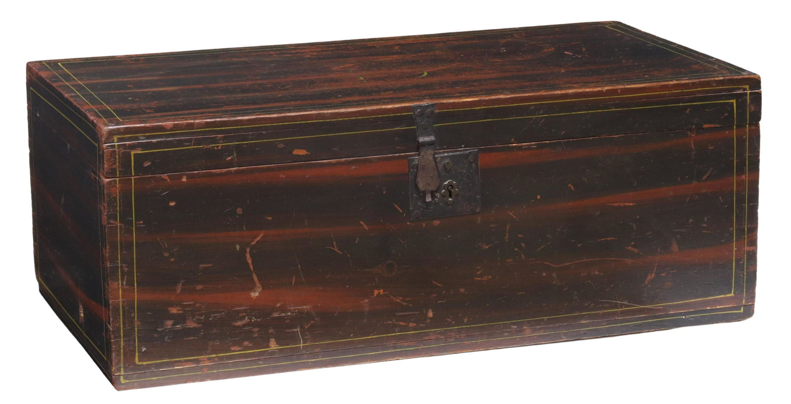 NEW ENGLAND RED & BLACK GRAIN-PAINTED DOCUMENT BOX: American pine document box, New England, 19th c., dovetailed case, with red and black grain painting, yellow pin striping, hinged top, open interior, approx 10.5"h, 28"w, 15"d **Provenance: O'Neill-Le