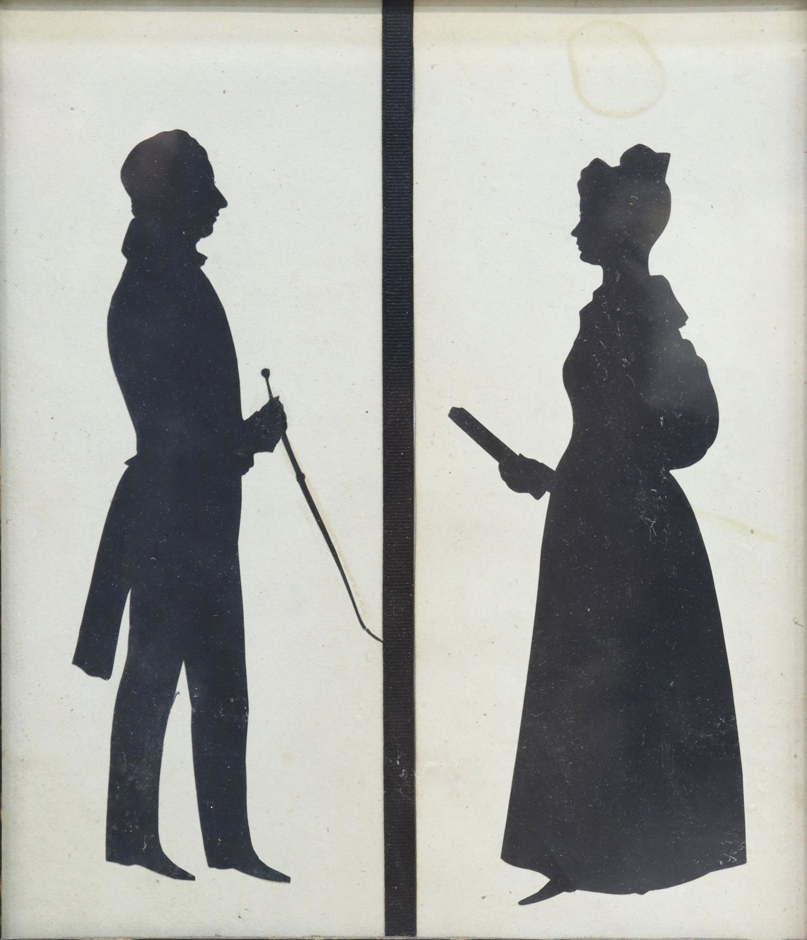 ENGLISH CUTOUT PORTRAIT SILHOUETTES, 1833: Framed English cutout portrait silhouettes, identified on reverse as Henry Edmund Watson and Ellon Watson, dated 1833, sight: 11.25"h, 9.5"w, overall: 14.25"h, 12.5"w, 2.25lbs **Provenance: O'Neill-Le