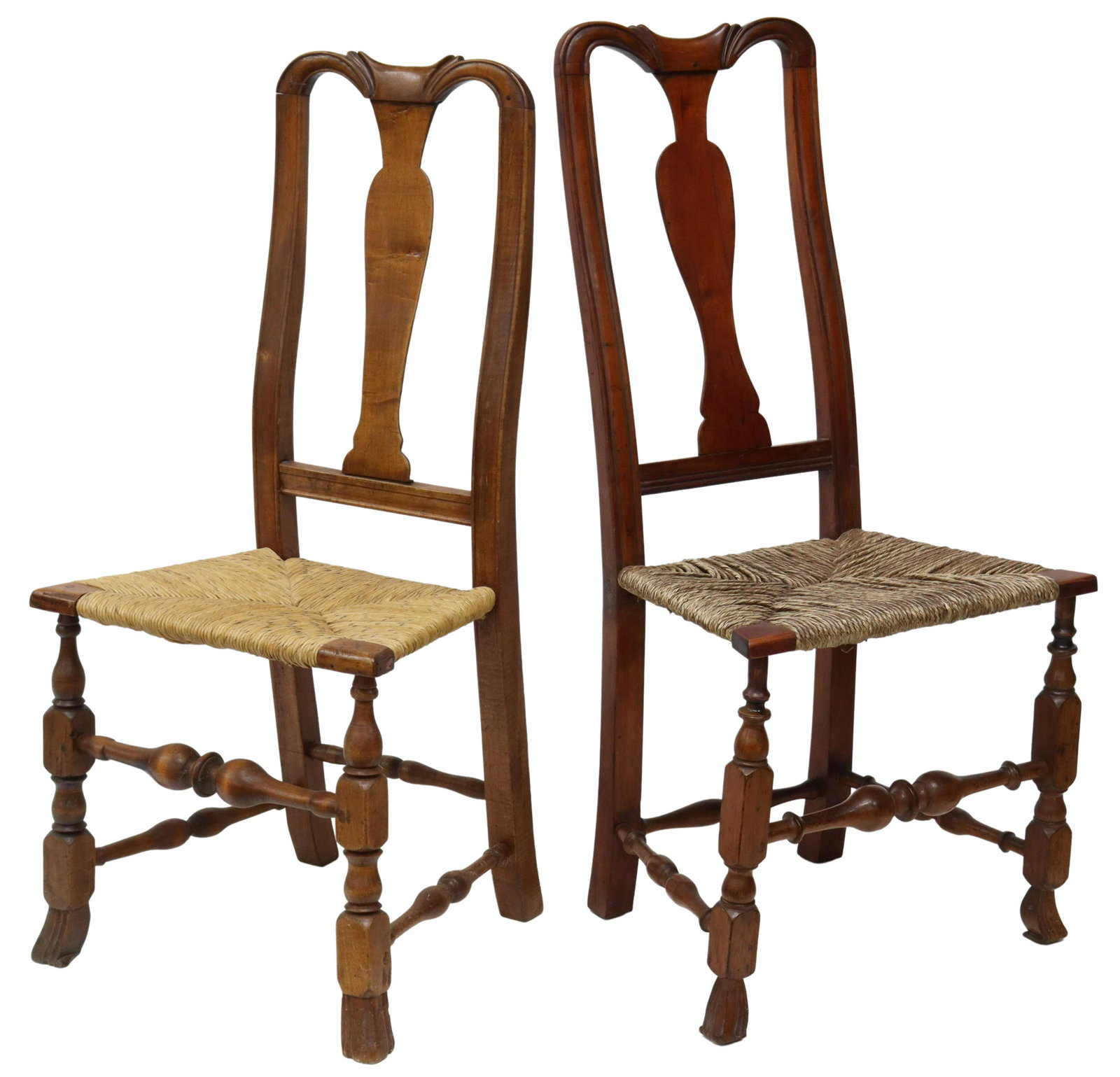 (2) COUNTRY CHIPPENDALE SPANISH FOOT SIDE CHAIRS: (lot of 2) American Chippendale side chairs, similarly styled, 18th c., bow-shaped toprail, vasiform splat, over woven rush seat, rising on bock-vase-and-ring turned legs, joined by bulbous-turned box