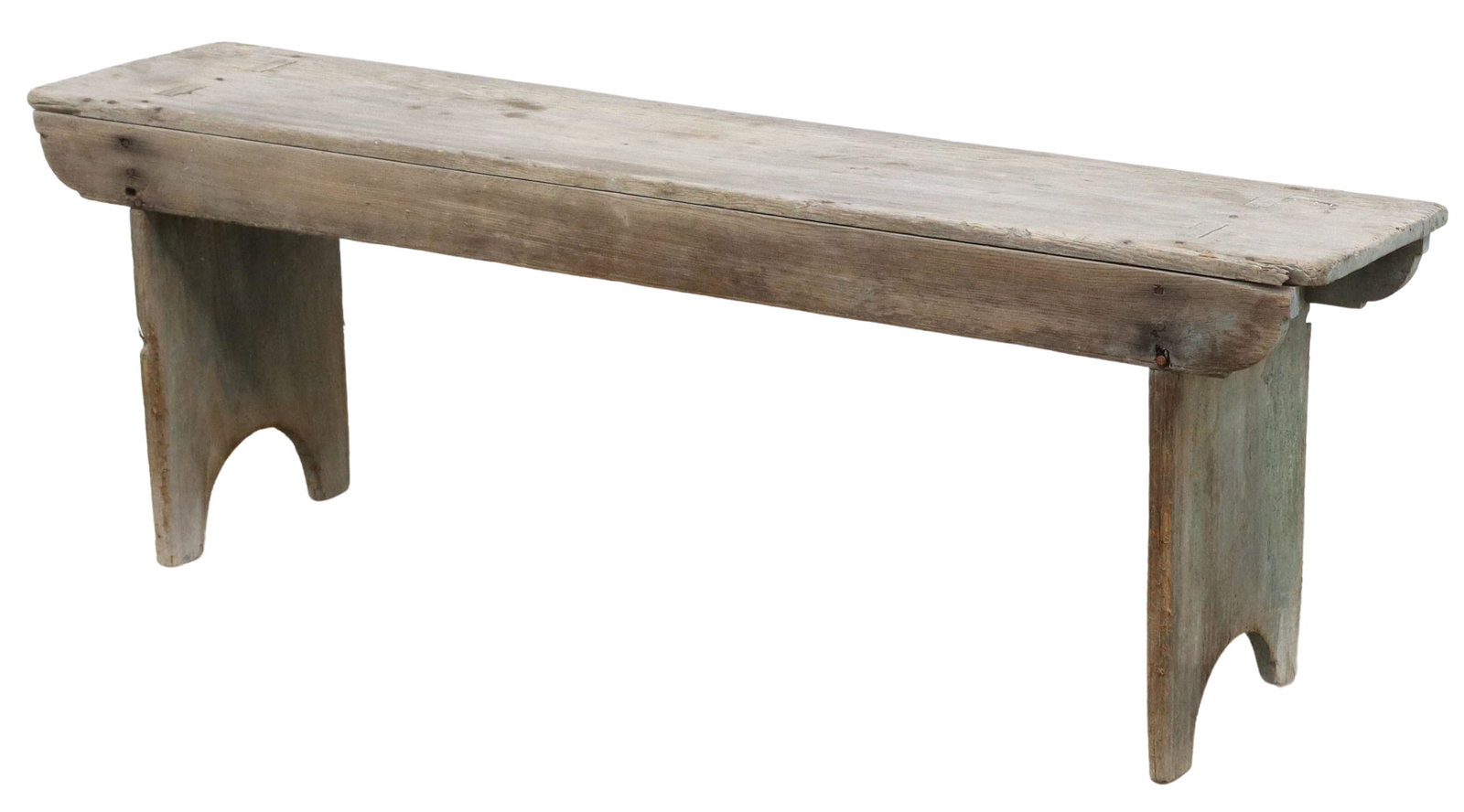 AMERICAN PRIMITIVE WEATHERED PINE BENCH, 19TH C.: American Primitive pine bench, 19th c., having rectangular top, through tenon legs with demilune cutouts, approx 18"h, 53.75"w, 11.25"d **Provenance: O'Neill-Leonard Antiques, Westlake Hills, Texas** 