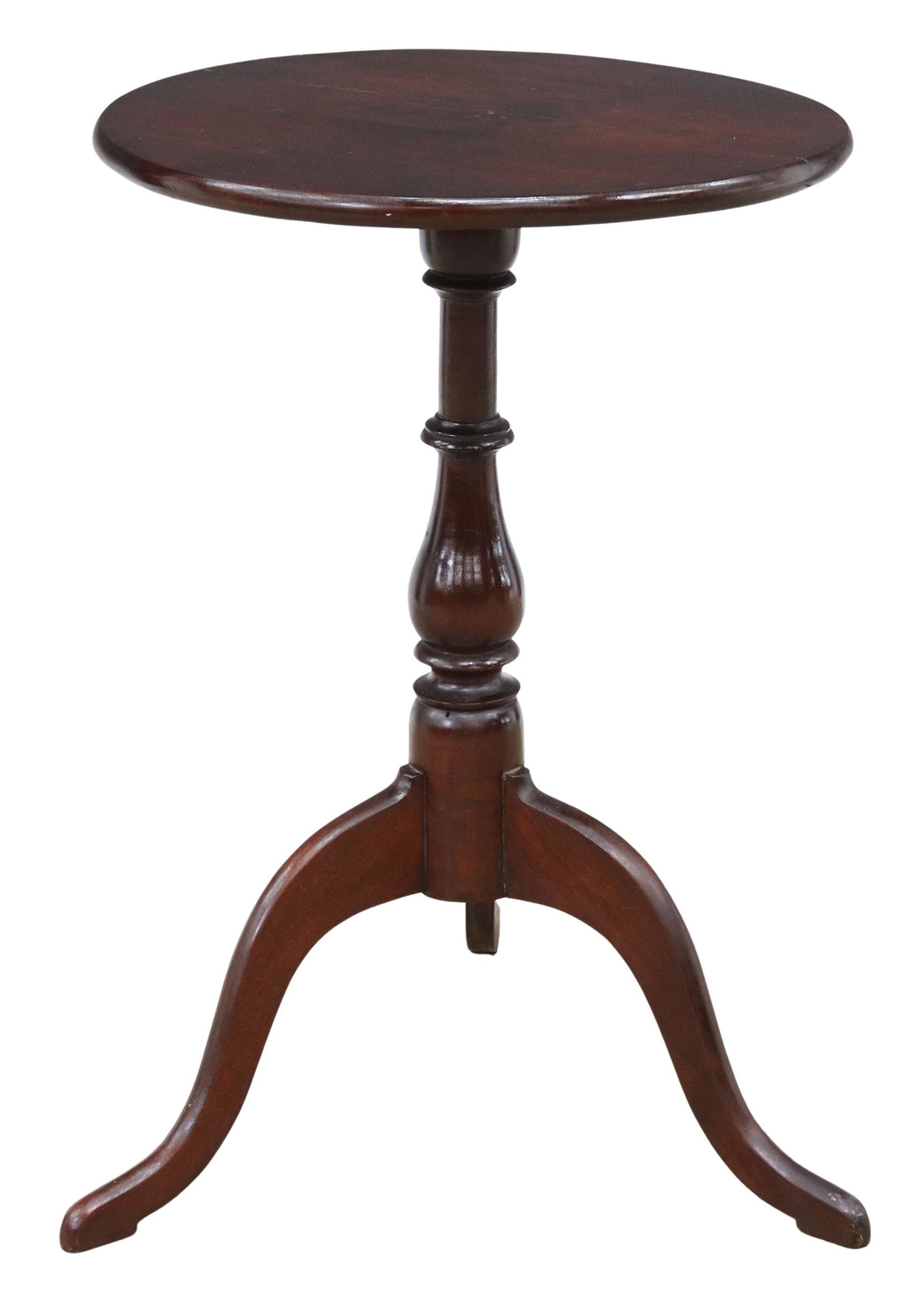 NEW ENGLAND MAPLE CANDLE STAND: American maple candle stand, New England, early 19th c., having circular top, over turned center pedestal, on three curved legs, ending in snake feet, approx 25.5"h, 17.5"diam **Provenance: O'Neill-Le