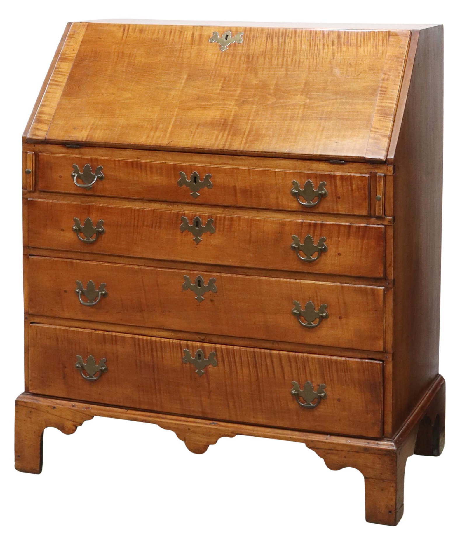 AMERICAN CHIPPENDALE TIGER MAPLE SLANT-FRONT DESK: American Chippendale figured maple slant-front desk, 18th c., open gallery with hand-joined dovetails, slant front opening to interior fitted with drawers, open niches, hidden compartments at center, 
