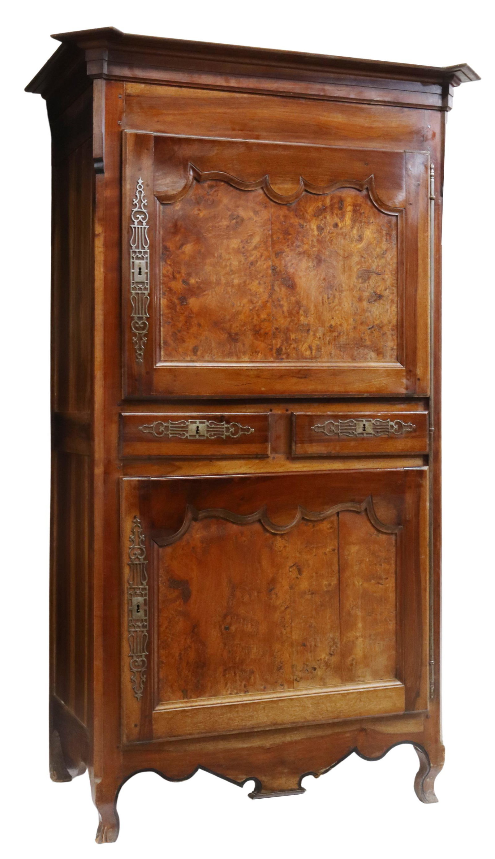 FRENCH PROVINCIAL LOUIS XV STYLE HOMME DEBOUT: French Provincial Louis XV style walnut homme debout, 19th c., having molded cornice, atop rectangular case fitted with two center drawers, flanked by upper and lower cabinet doors with burlwood panel