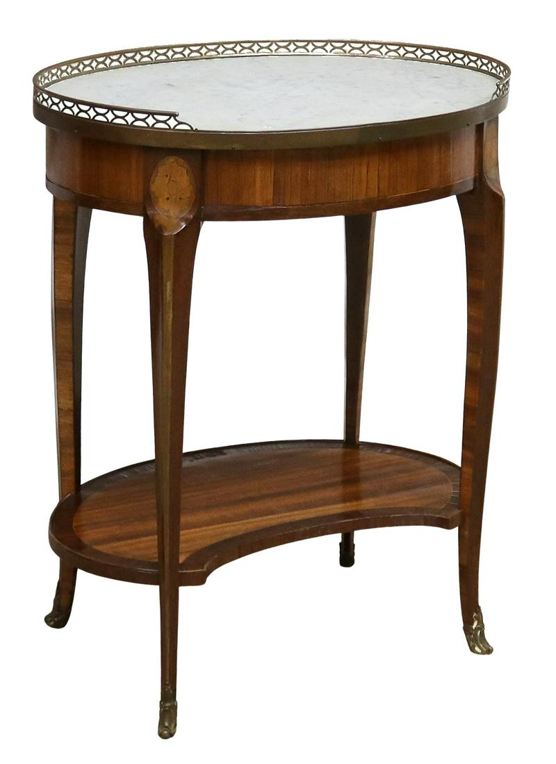 FRENCH LOUIS XV STYLE MARBLE-TOP OVAL SIDE TABLE: French Louis XV style mahogany side table, early 20th c., pierced gilt metal gallery enclosing oval marble top, over single locking side drawer, rising on transitional cabriole legs with marquetry acc
