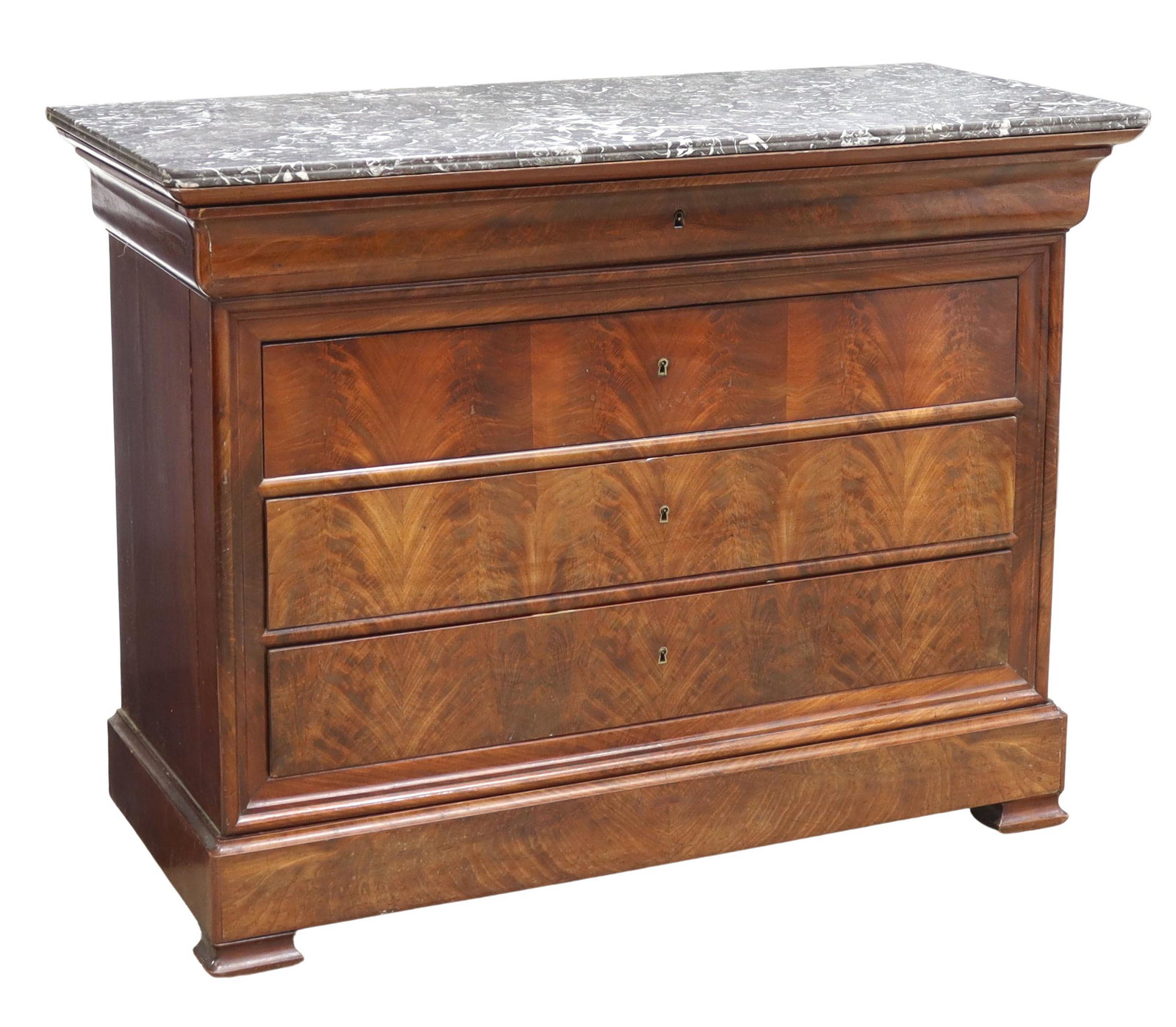 FRENCH LOUIS PHILIPPE MARBLE-TOP COMMODE: French Louis Philippe period commode, mid 19th c., having rectangular marble top, over case fitted with ogee drawer above four additional drawers, lowest drawer concealed in base, rising on bracket fe