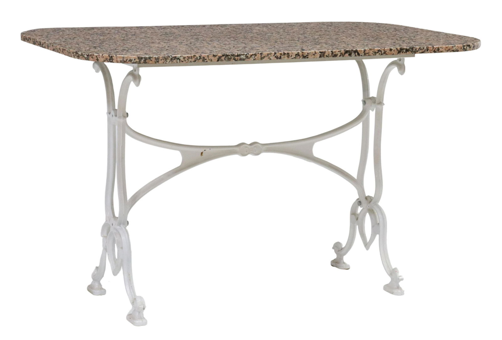 FRENCH PARISIAN GRANITE-TOP CAST IRON BISTRO TABLE: French Parisian granite-top cast iron bistro table, early 20th c., marked DAD, having rectangular granite top with curved edges, over painted cast iron trestle base, approx 28.75"h, 47.25"w, 27.5"d St