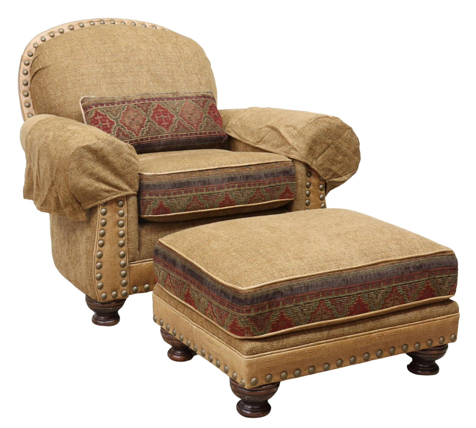 2) KING HICKORY LEATHER-TRIMMED ARMCHAIR & OTTOMAN: (lot of 2) Leather and upholstered seating group, King Hickory Furniture, North Carolina, late 20th c., including: (1) armchair with leather frame, upholstered back and arms, removable seat cushion an