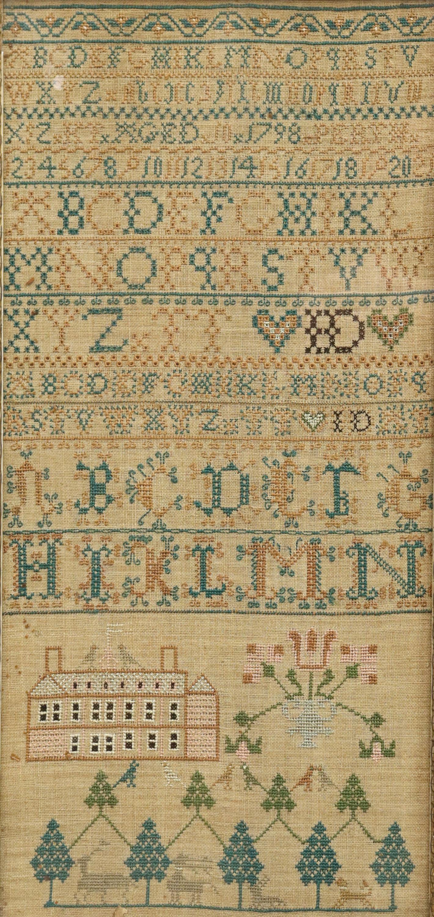 PERTH SCOTLAND PICTORIAL NEEDLEPOINT SAMPLER, 1798: Framed Scottish needlepoint sampler on linen, initialed KT, aged 10, dated 1798, Perth, Scotland, worked in cross stitch and Algerian eye, with multiple alphabets, including alphabet bands with curlic