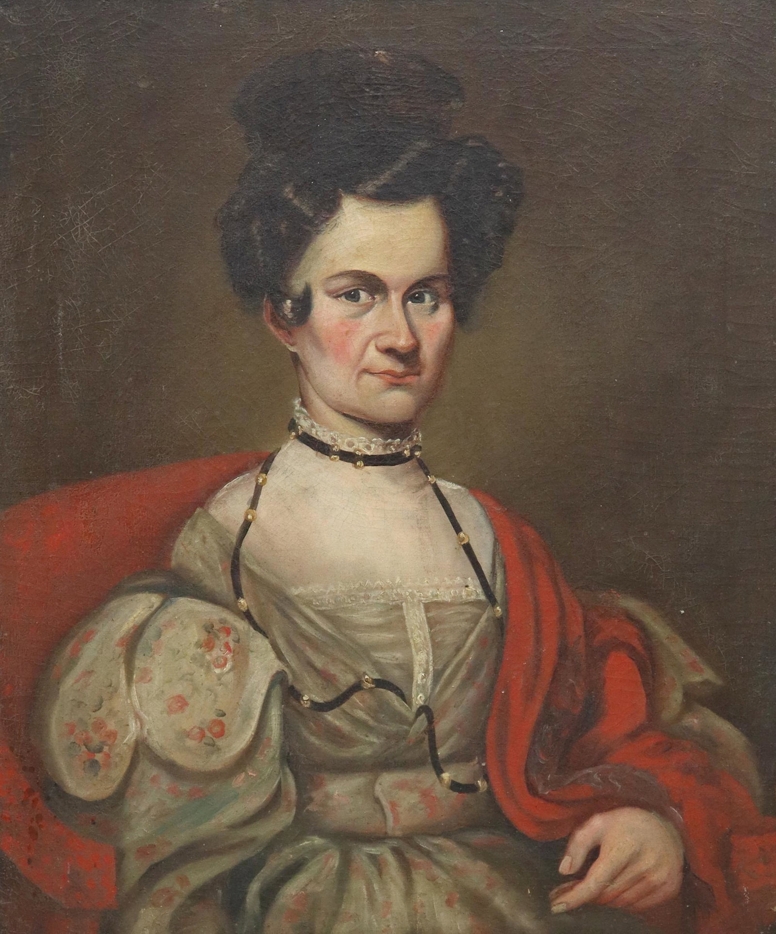SAMUEL P. HOWES (ATTRIB.) PORTRAIT OIL PAINTING: Framed oil on canvas painting, Portrait of Lady, unsigned, c.1840, attributed by consignor to Samuel P. Howes (Massachusetts, 1806-1881), consignor identifies the sitter as Sally [Sarah] Rolfe of Bosc