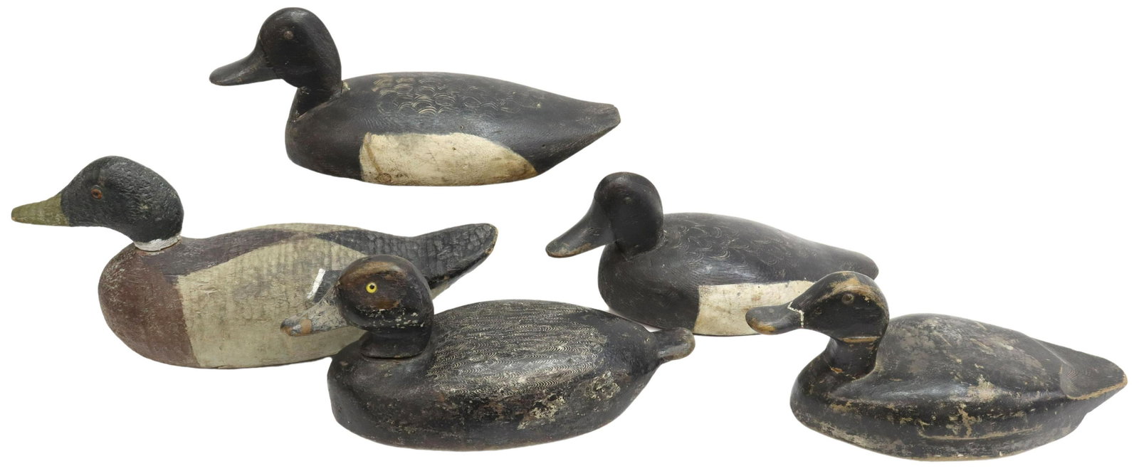 (5) DUCK DECOYS, HAND CARVED, ONE BY IRV LYONS: (lot of 5) Vintage hand-carved and painted duck decoys: (1) Irv Lyons (Ontario, Canada, 1894-1950) decoy, two lead weights at underside marked I Lyons, two sets of owners initials; (1) Mallard with re