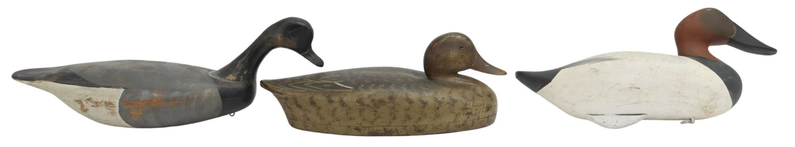 (3) VINTAGE CARVED & PAINTED DUCK DECOYS: (lot of 3) Vintage carved and painted duck decoys, including: (1) hollow Brant decoy, marked B, (1) Wildfowler Female Mallard decoy, Saybrook, Connecticut, (1) Red Head Drake decoy; largest: approx 7.