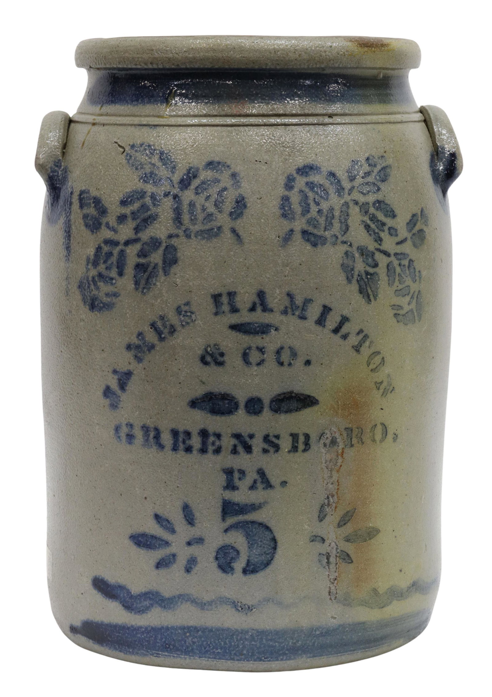 JAMES HAMILTON PENSYLVANIA 5-GAL STONEWARE CROCK: American salt glazed stoneware crock, James Hamilton & Co. (fl.1860-1880), Greensboro, Pennsylvania, with dual handles, stenciled cobalt decoration, overall some pitting and surface wear, approx 15.25