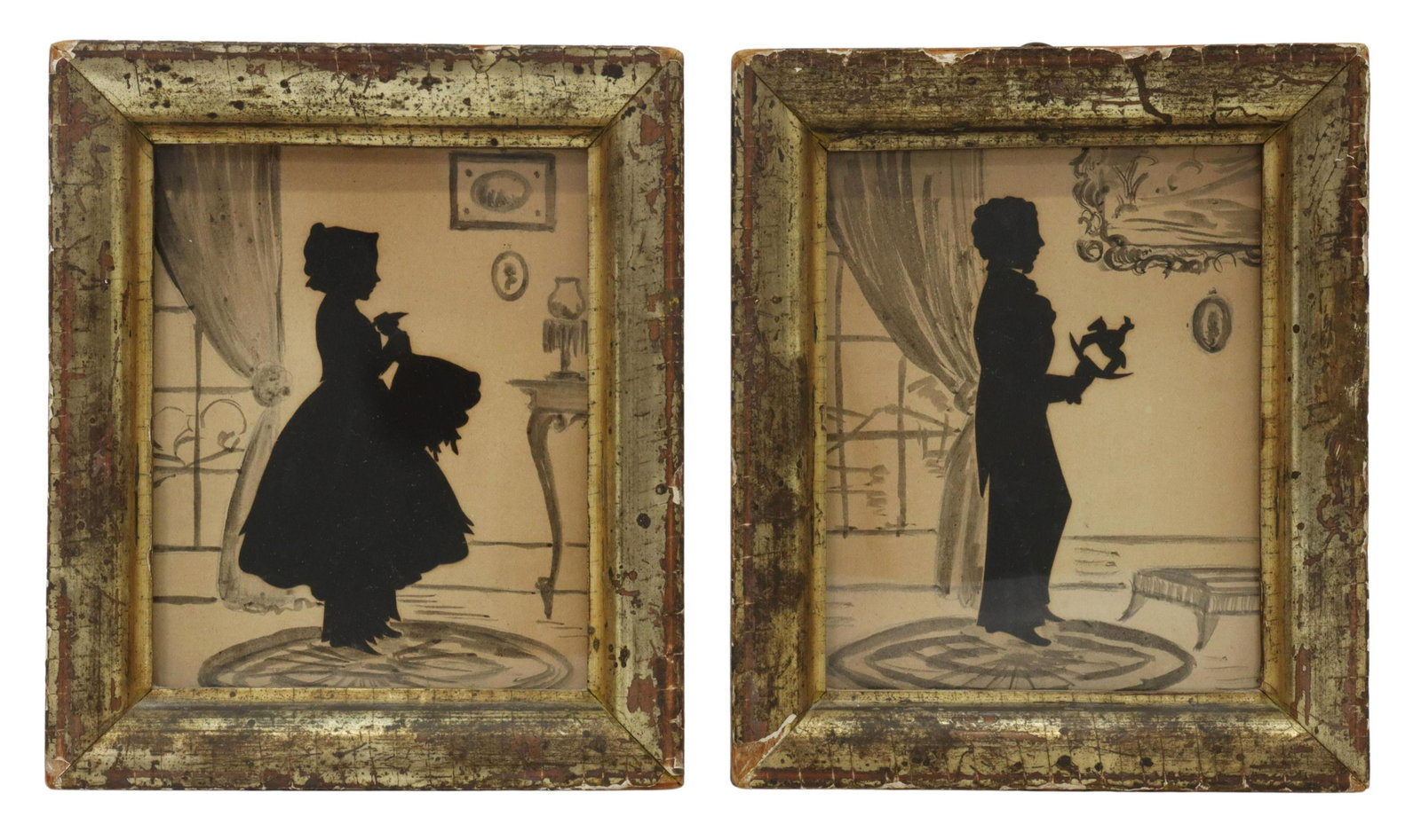 (2) CUTOUT SILHOUETTE PORTRAITS CHILDREN WITH TOYS: (lot of 2) Framed cutout silhouette portraits mounted on paper with ink backgrounds, including: (1) young girl with doll, (1) young boy with toy horse, sight: approx 4.25"h, 3 3/8"w, overall: approx 6