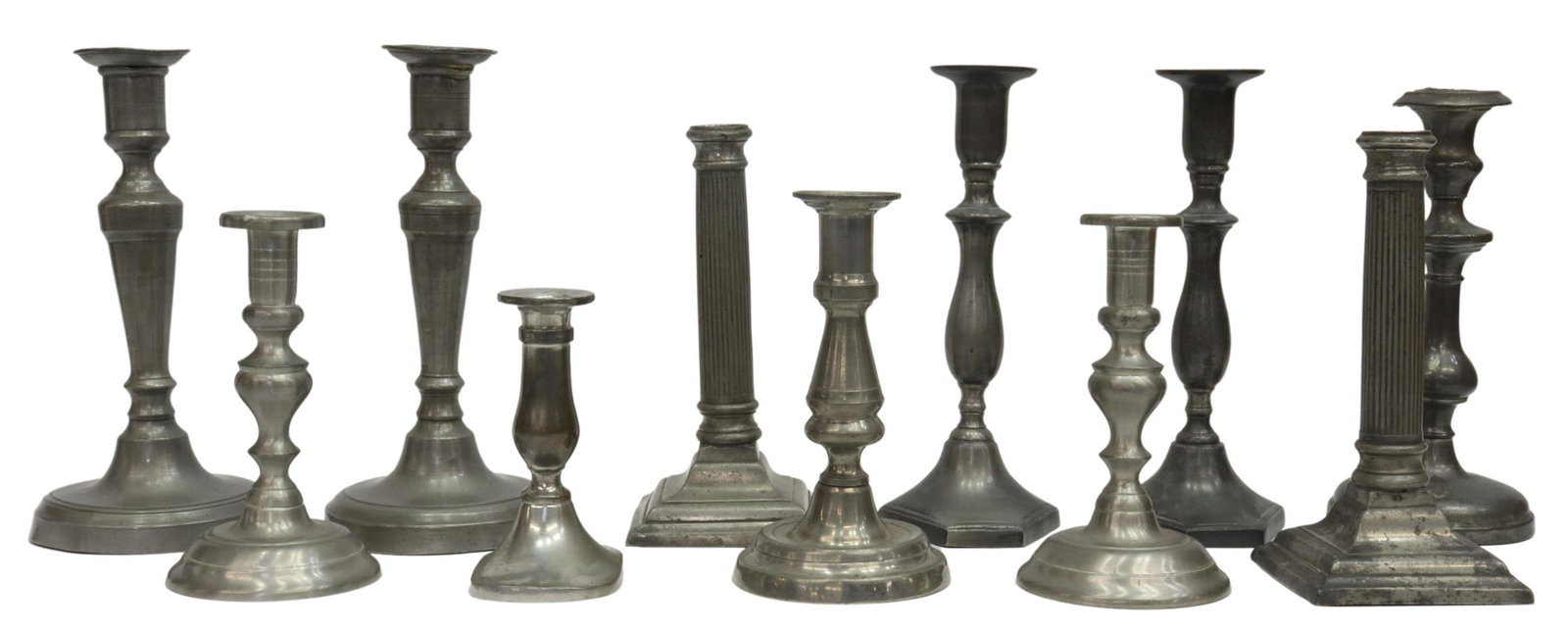 (11) AMERICAN & ENGLISH PEWTER CANDLESTICKS: (lot of 11) American and English pewter candlesticks, 19th/ 20th c., various makers and styles, including: Woodbury Pewterers, Dunham Portland Maine, Stieff, highlights include: (4) matched pairs, (on