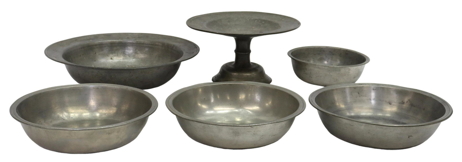 (6) AMERICAN & CONTINENTAL PEWTER TABLEWARE: (lot of 6) American and Continental pewter tableware, 18th/ 19th c., various styles and makers, some bearing touch marks, comprising: (1) footed compote, approx 4.5"h, 8.25"diam; (1) basin having flar