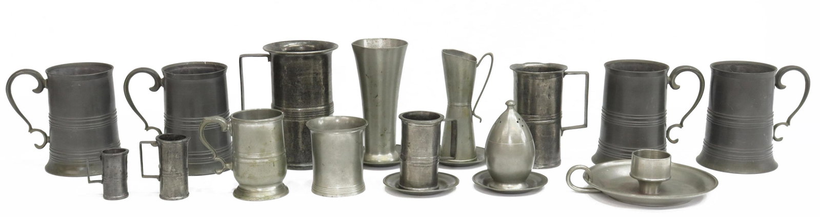 (19) ENGLISH & CONTINENTAL PEWTER TABLEWARE ITEMS: (lot of 19) English and Continental pewter tableware , comprised of various styles and makers, highlights include: (5) antique tankards, various sizes, with touch marks, (6) items by Crown Rose London