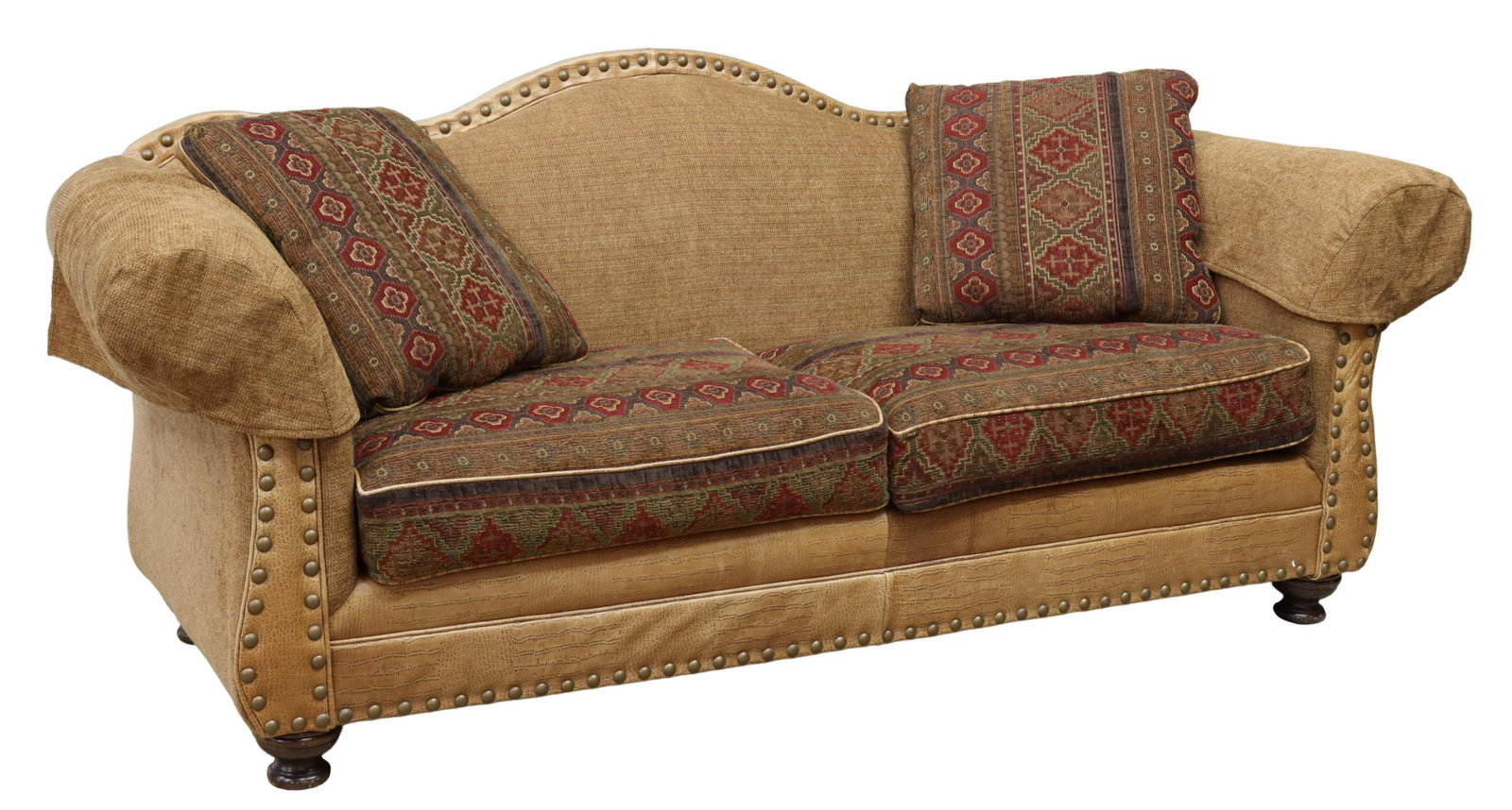 KING HICKORY LEATHER & UPHOLSTERED CAMELBACK SOFA: Leather and upholstered camelback sofa, King Hickory Furniture, North Carolina, late 20th c., leather frame with oversized tack trim, upholstered back and arms, with two removable seat cushions and de