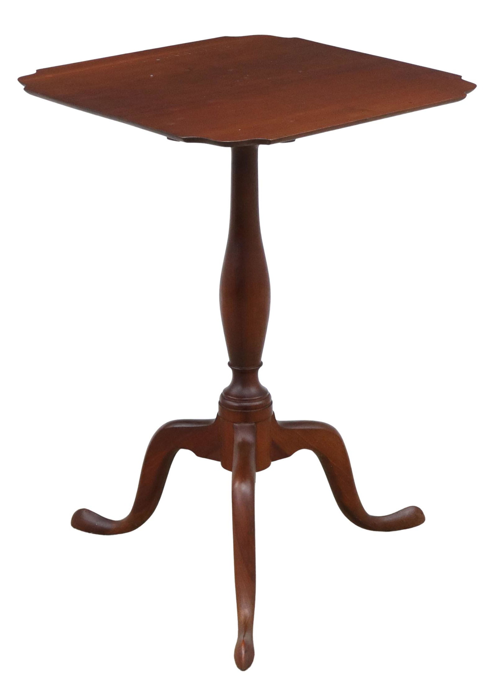 AMERICAN C.G. BEEDE CHERRYWOOD TILT-TOP TEA TABLE: American Queen Anne style cherrywood tilt-top tea table, signed C.G. Beede (Carl Greenleaf Beede, Connecticut, 1871-1952), early 20th c., having shaped top, over turned center pedestal, rising on thre