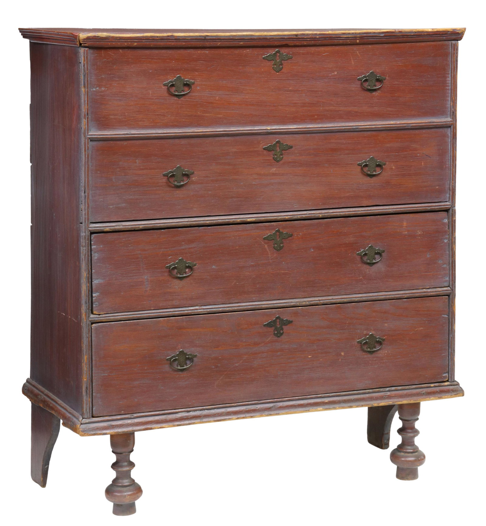 WILLIAM & MARY LARCH BLANKET CHEST, MASS, 18TH C.: William and Mary style larch blanket chest, Cape Cod, Massachusetts, 18th c., in red painted finish, having hinged rectangular top, opening to interior storage with faux drawer front, over two exterio