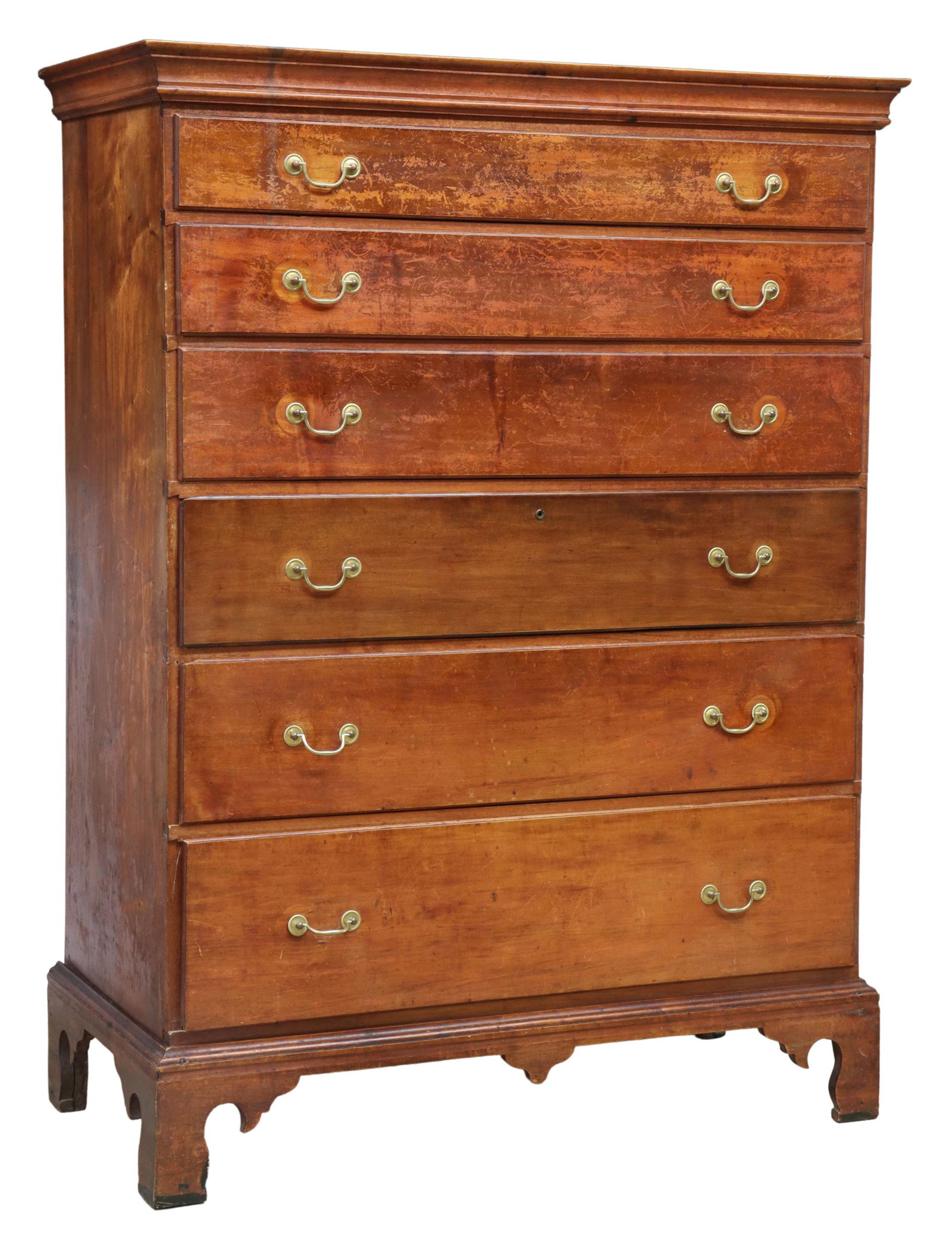 AMERICAN CHIPPENDALE TALL CHEST OF DRAWERS, 18TH C: American Chippendale tall chest of drawers, New Hampshire, 18th c., retaining the original surface, having molded cornice, over case fitted with six drawers, rising on bracket feet, later brasses, app