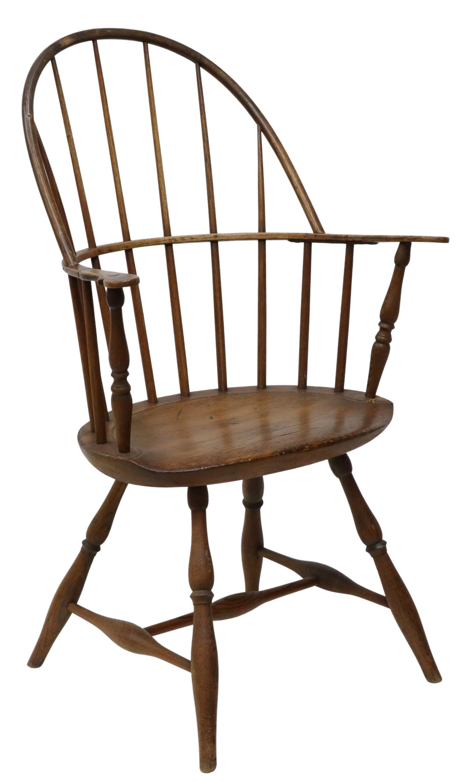 AMERICAN SACK-BACK WINDSOR ARMCHAIR, NEW HAMPSHIRE: American Windsor armchair, New Hampshire, 18th c., sack-back/ hoop-back frame, six central spindles divided by center rail, continuous arms, over contoured oval seat, rising on vase-and-ring turned le