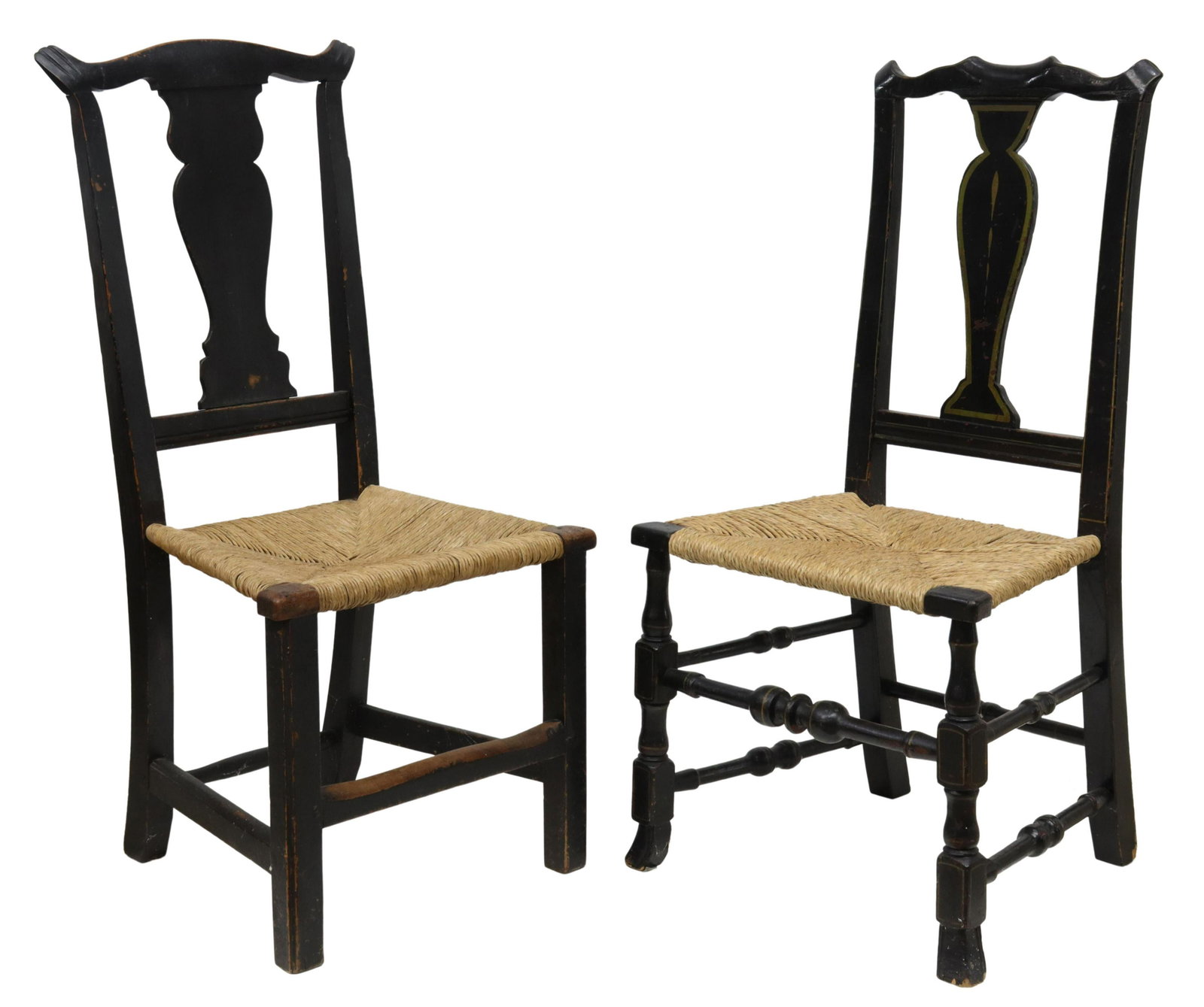 (2) AMERICAN COUNTRY CHIPPENDALE PAINTED CHAIRS: (lot of 2) American Chippendale side chairs, 18th c., in a black painted finish, including: (1) New England, likely later paint with pin striping, bow-shaped toprail with up-curved ears, vasiform spla