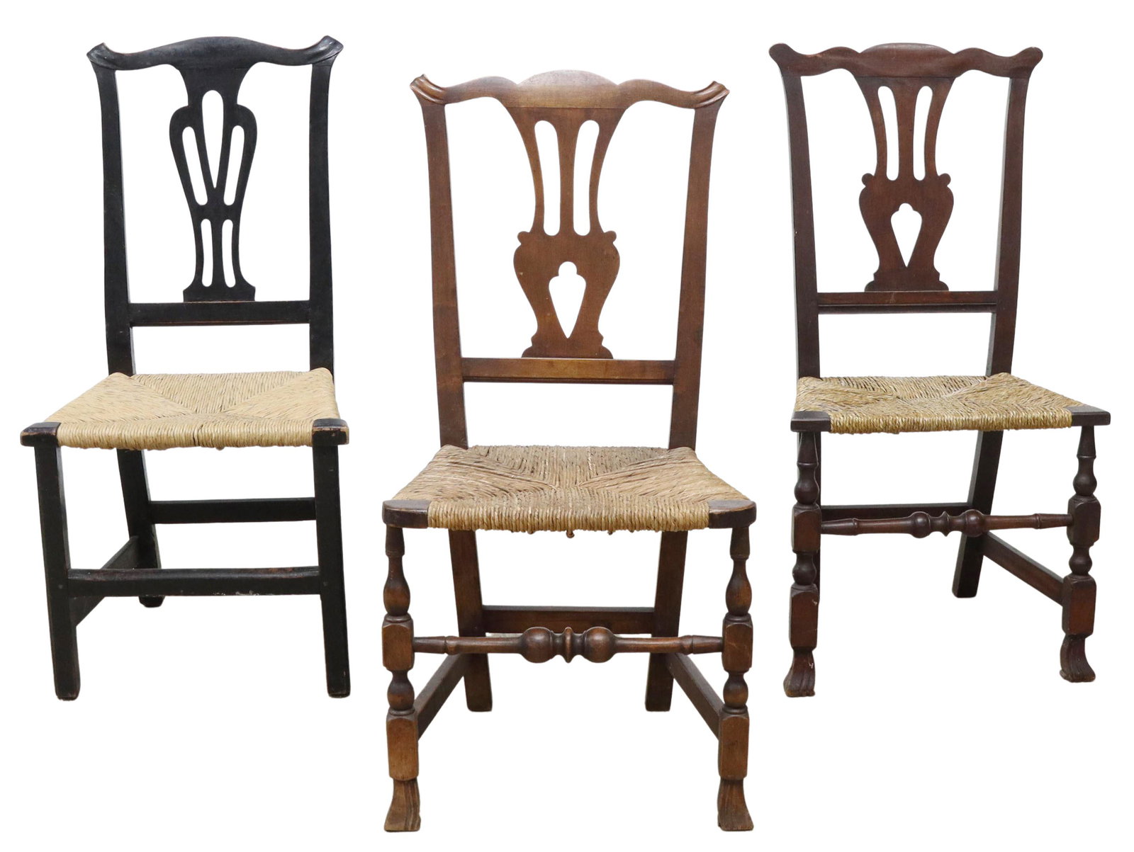 (3) AMERICAN COUNTRY CHIPPENDALE STYLE SIDE CHAIRS: (lot of 3) American Chippendale style side chairs, New England, 18th/ 19th c., similarly styled, having carved crest rail, vase-shaped splat, over woven rush seat, rising on stretcher-joined legs, (tw