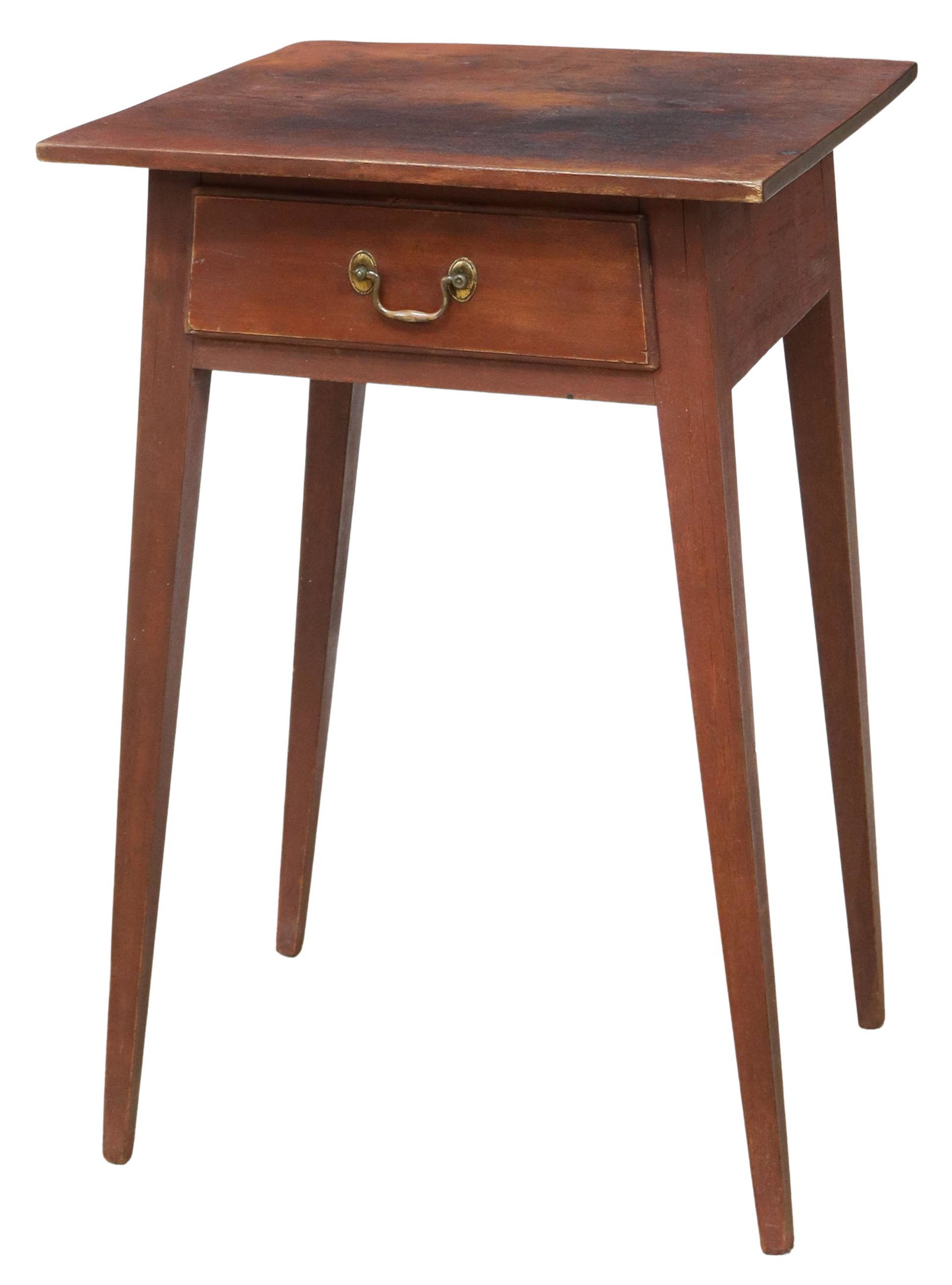 AMERICAN HEPPLEWHITE STYLE RED ONE-DRAWER STAND: American Hepplewhite style table/ stand, 19th c., in a red painted finish, square top over single drawer, rising on angled square tapered legs, approx 28.5"h, 19.25"w, 18.25"d **Provenance: O'Neill-Le