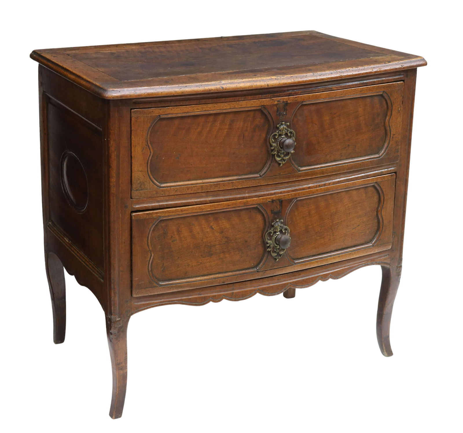 FRENCH PROVINCIAL LOUIS XV STYLE WALNUT COMMODE: French Provincial Louis XV style walnut commode, early 19th c., bowfront case fitted with two drawers, scalloped apron, rising on cabriole legs, approx 34"h, 36"w, 23"d Start Price: $600.00