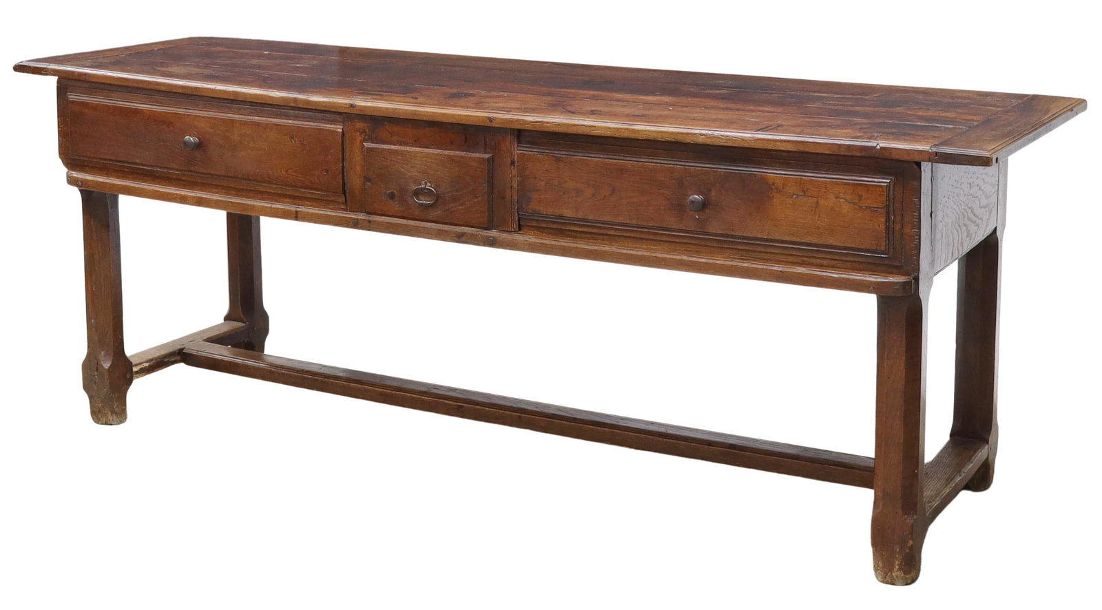 FRENCH PROVINCIAL MIXED WOOD FARMHOUSE WORK TABLE: French Provincial mixed wood farmhouse work table, 19th c., plank top, over centered drawer, flanked by sliding doors, rising on legs joined by H stretcher, patched repairs to top, approx 30.5"h, 82.5