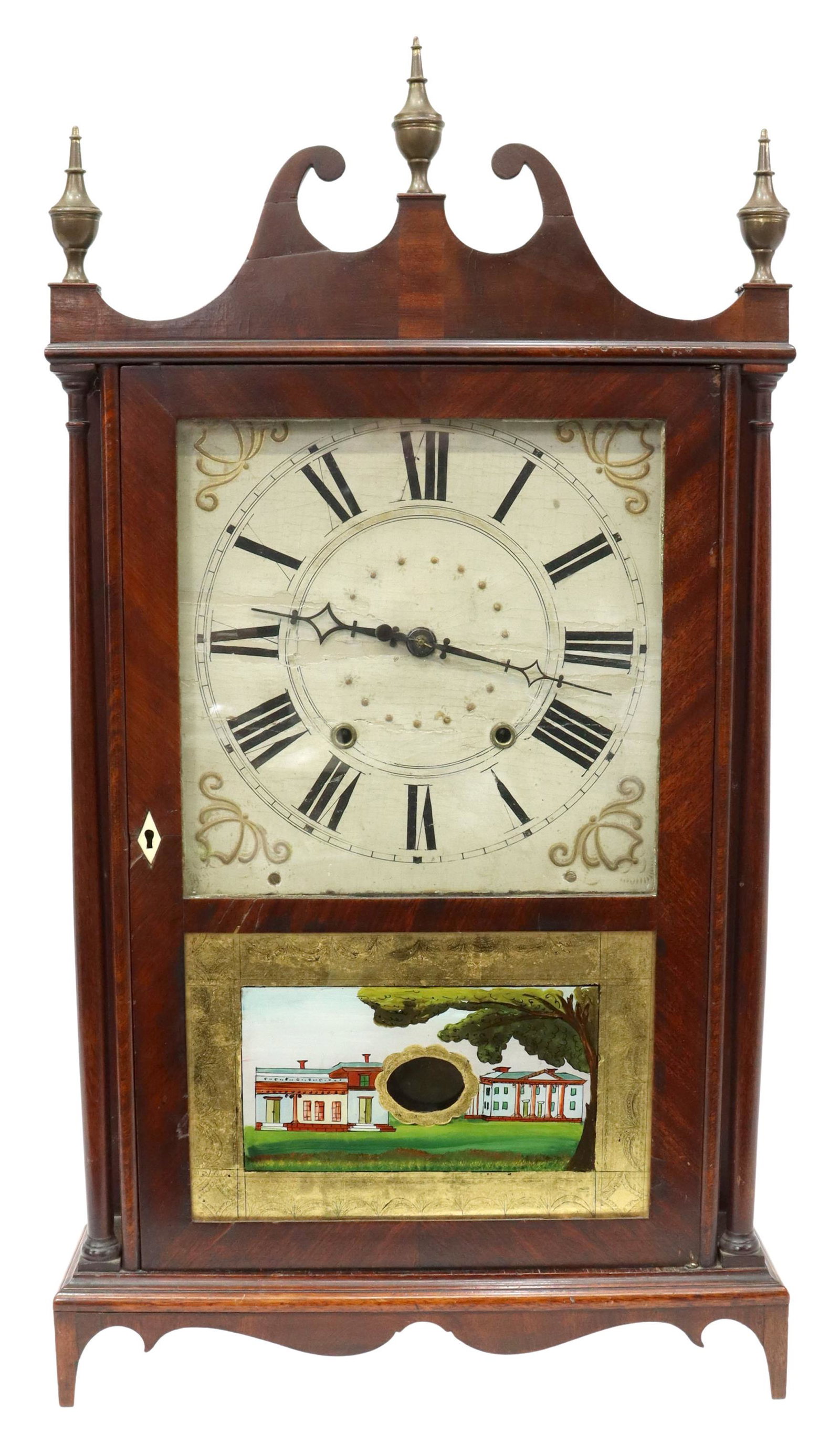 HENRY C. SMITH PILLAR & SCROLL SHELF CLOCK, 19TH C: American shelf clock, Henry C. Smith, (Plymouth, Connecticut, 1811-1870), 19th c., mahogany case with split pediment, topped with brass urn-form finials, having glazed door decorated with reverse-pain