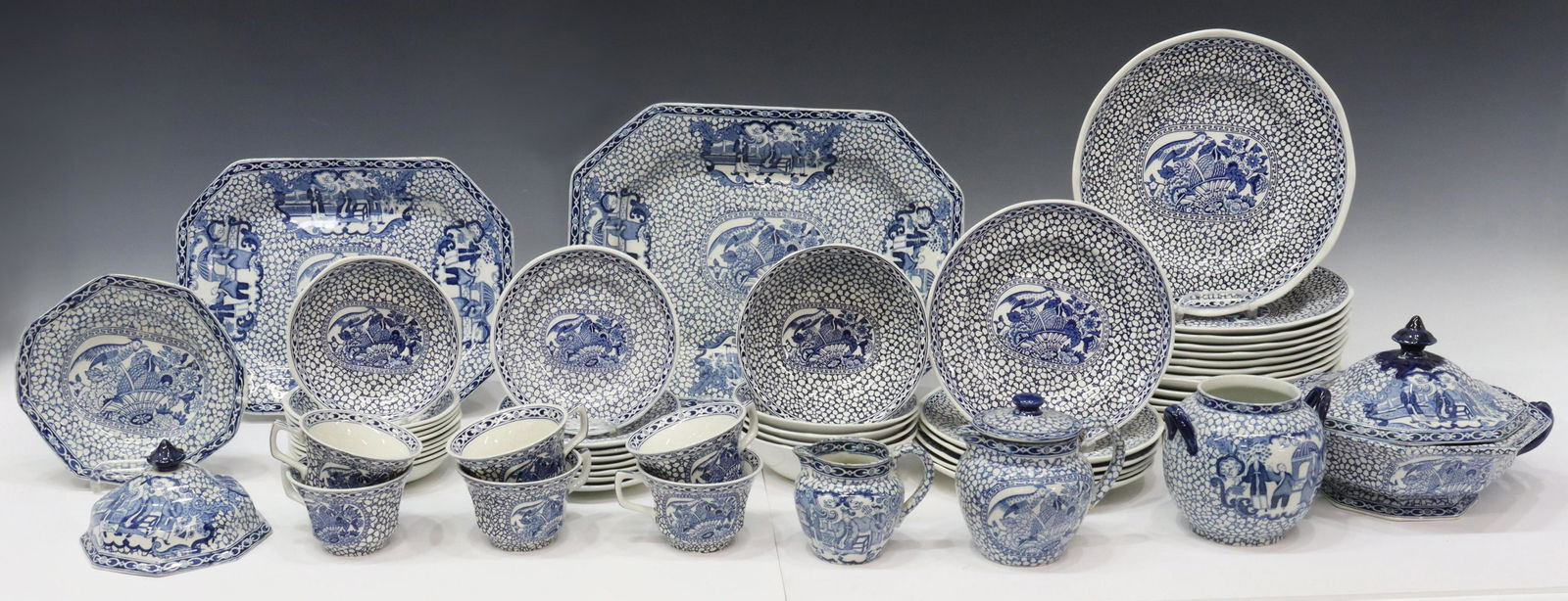 (57) WILLIAM ADAMS 'CHINESE BIRD' TRANSFERWARE: (lot of 57) English William Adams ironstone dinner service, in the "Chinese Bird" pattern, assembled, including: (14) dinner plates, 10.25"diam, (6) salad plates, 8.25"diam, (8) bread and butter plate