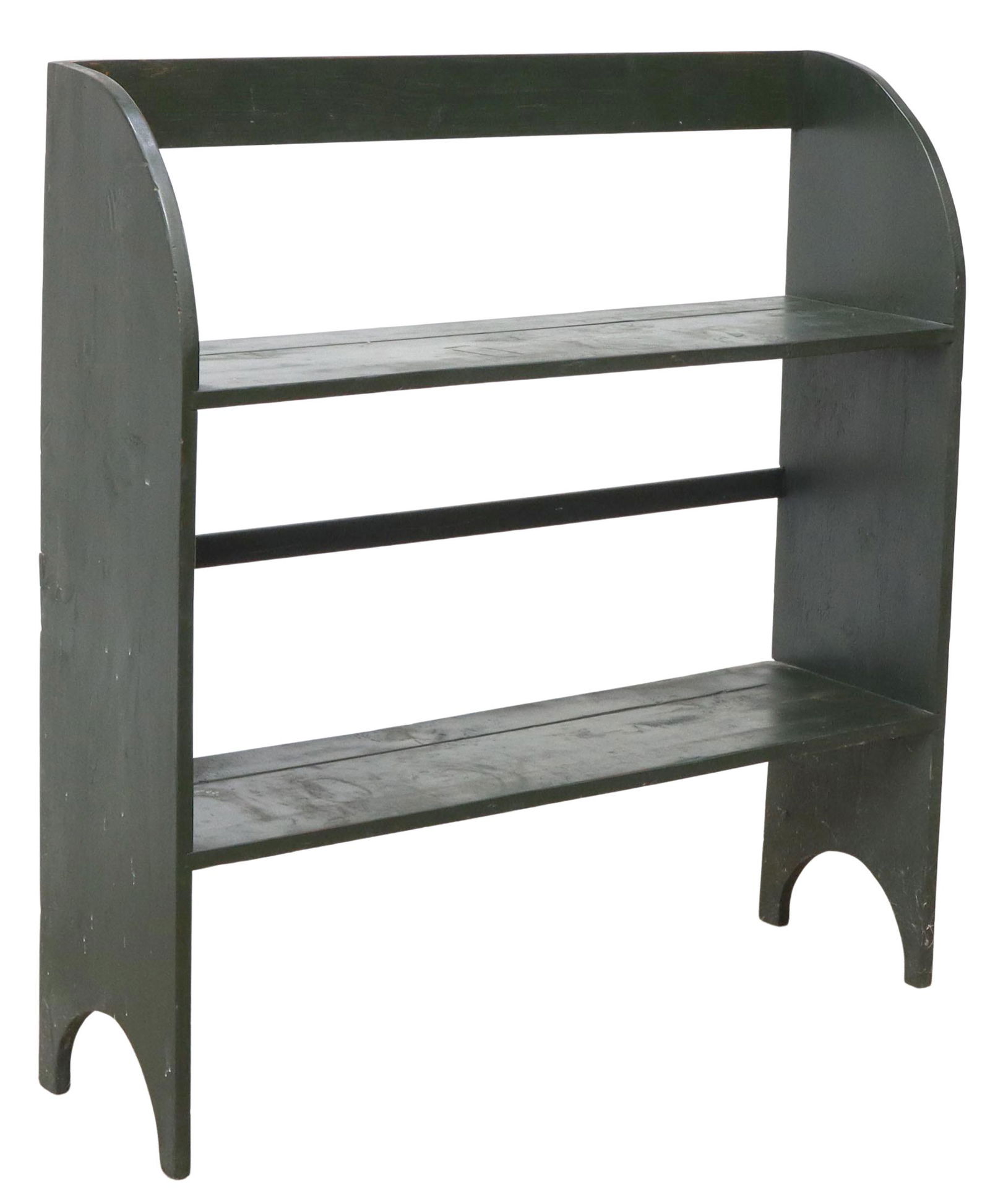 AMERICAN PRIMITIVE PAINTED PLATE RACK SHELF UNIT: American Primitive plate rack shelf unit, 20th c., in a green painted finish, with arched sides, fitted with two open shelves, rising on bracket feet, approx 38"h, 37"w, 11.25"d **Provenance: O'Neill-