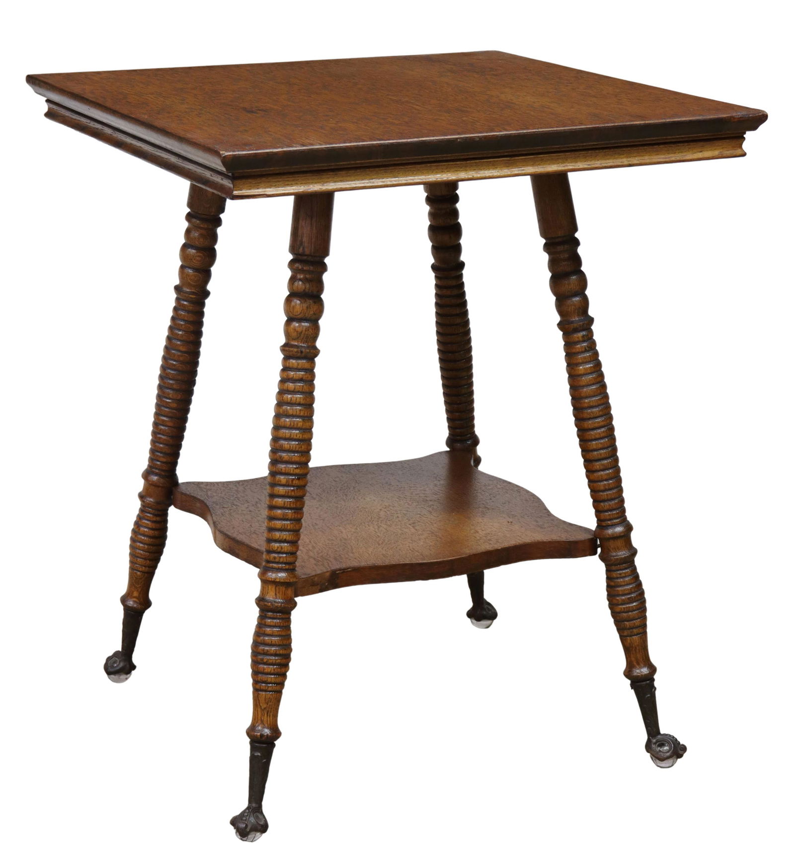 AMERICAN OAK GLASS BALL & CLAW FOOT PARLOR TABLE: American Late Victorian oak parlor table, c.1900, square top over bobbin turned legs, joined by medial shelf, ending in metal talon feet clutching glass balls, approx 28.75"h, 24"w, 24"d Start Price: