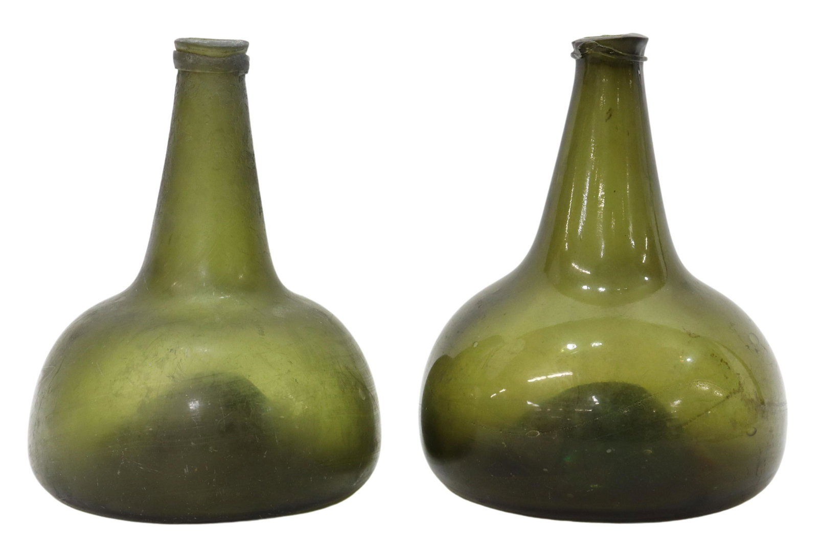 (2) ANTIQUE ONION FORM OLIVE GLASS BOTTLES: (lot of 2) Onion form olive glass bottles, likely Dutch, 18th/ 19th c., having long tapering neck over globular body, expected hazing, chips to rim, pontil scars, largest: approx 7"h, 5.5"diam; 3.25lb
