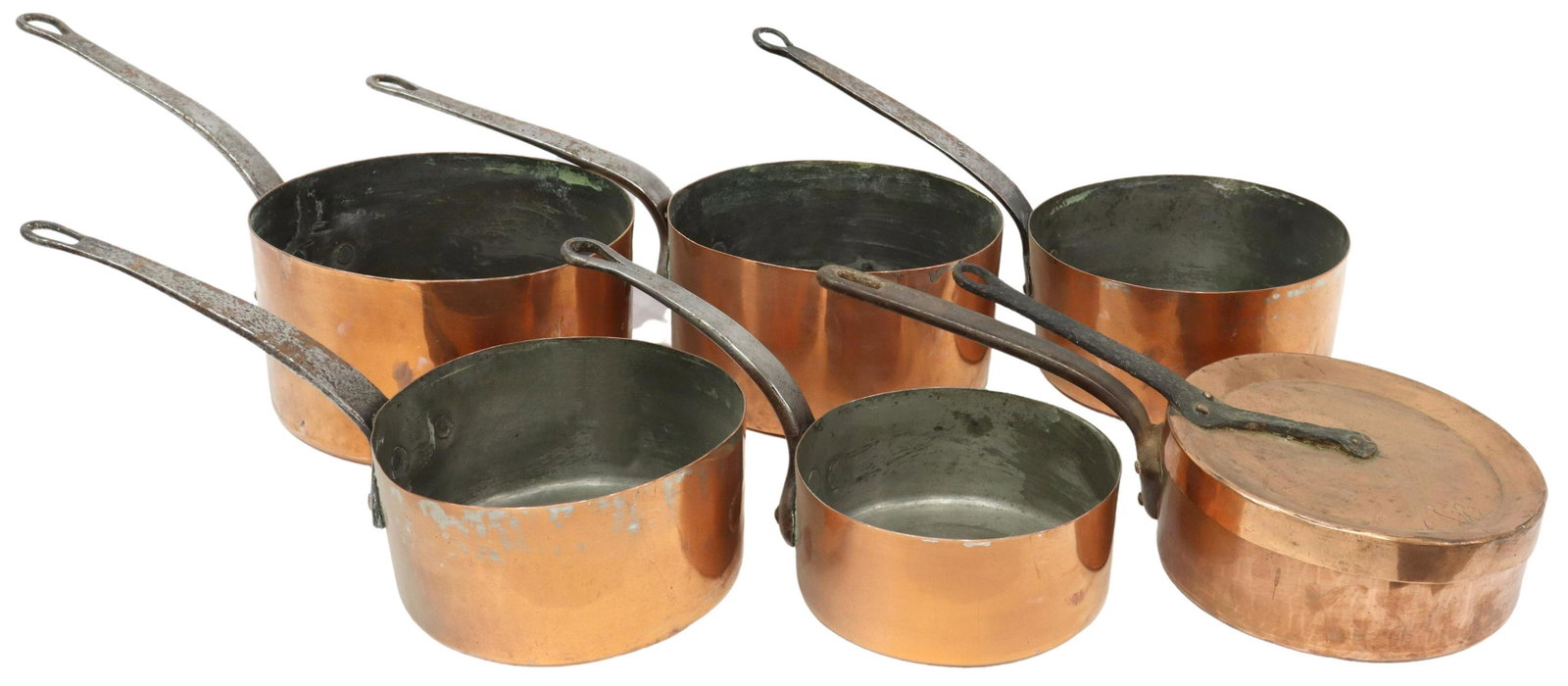 (6) FRENCH COPPER GRADUATED SAUCEPANS POTS: (lot of 6) French copper saucepans, each having single iron handle, including: (five) in graduated sizes, (one) with handled lid; largest: approx 9"h, 10.25"diam; 26lbs total Start Price: $100.00