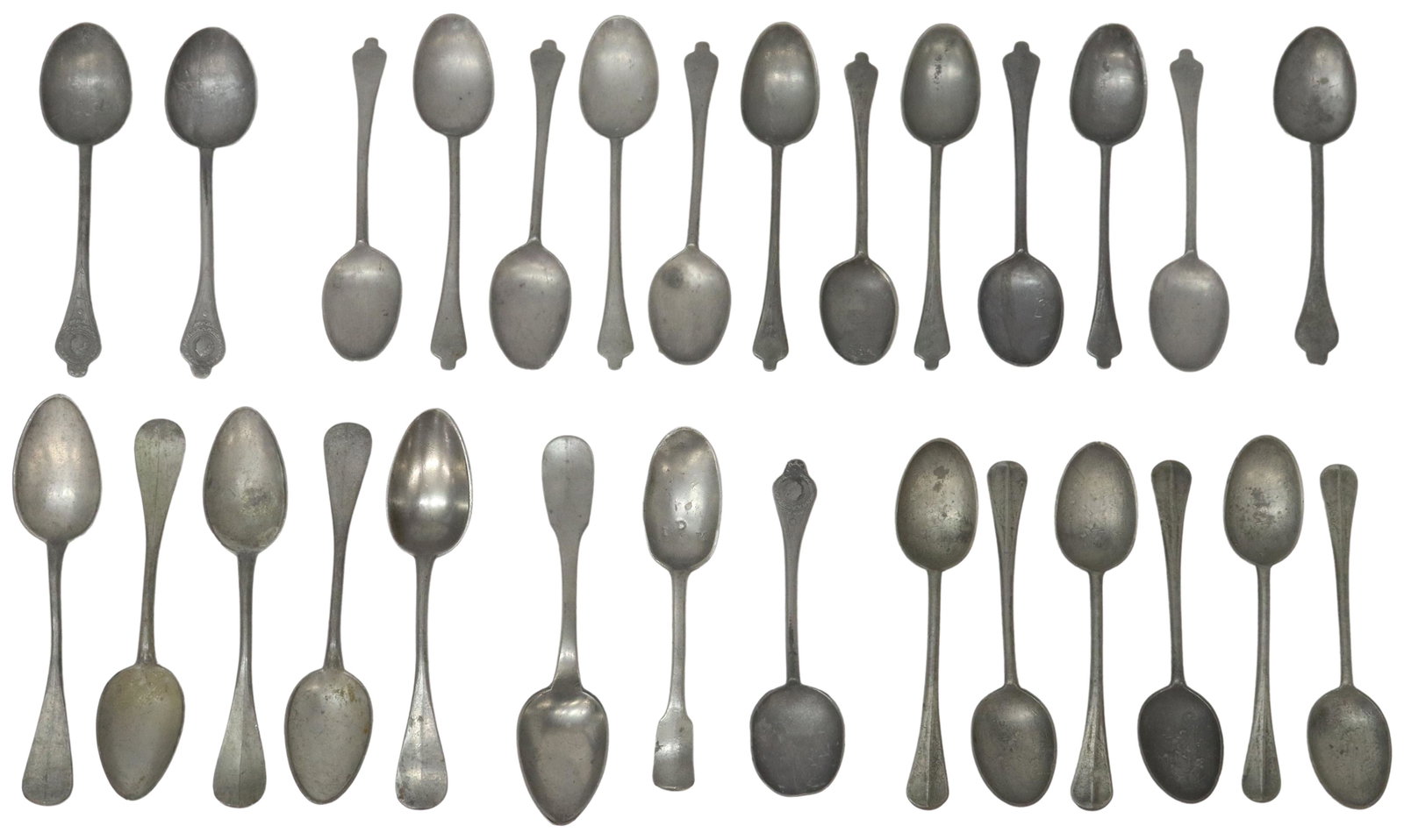 (28) AMERICAN & OTHER PEWTER RAT TAIL SPOONS: (lot of 28) American, English, and French pewter rat tail and other spoons, 18th/ 19th c., by a variety of makers and decoration styles, highlights include: (3) having Roman head stamp and arabesque d
