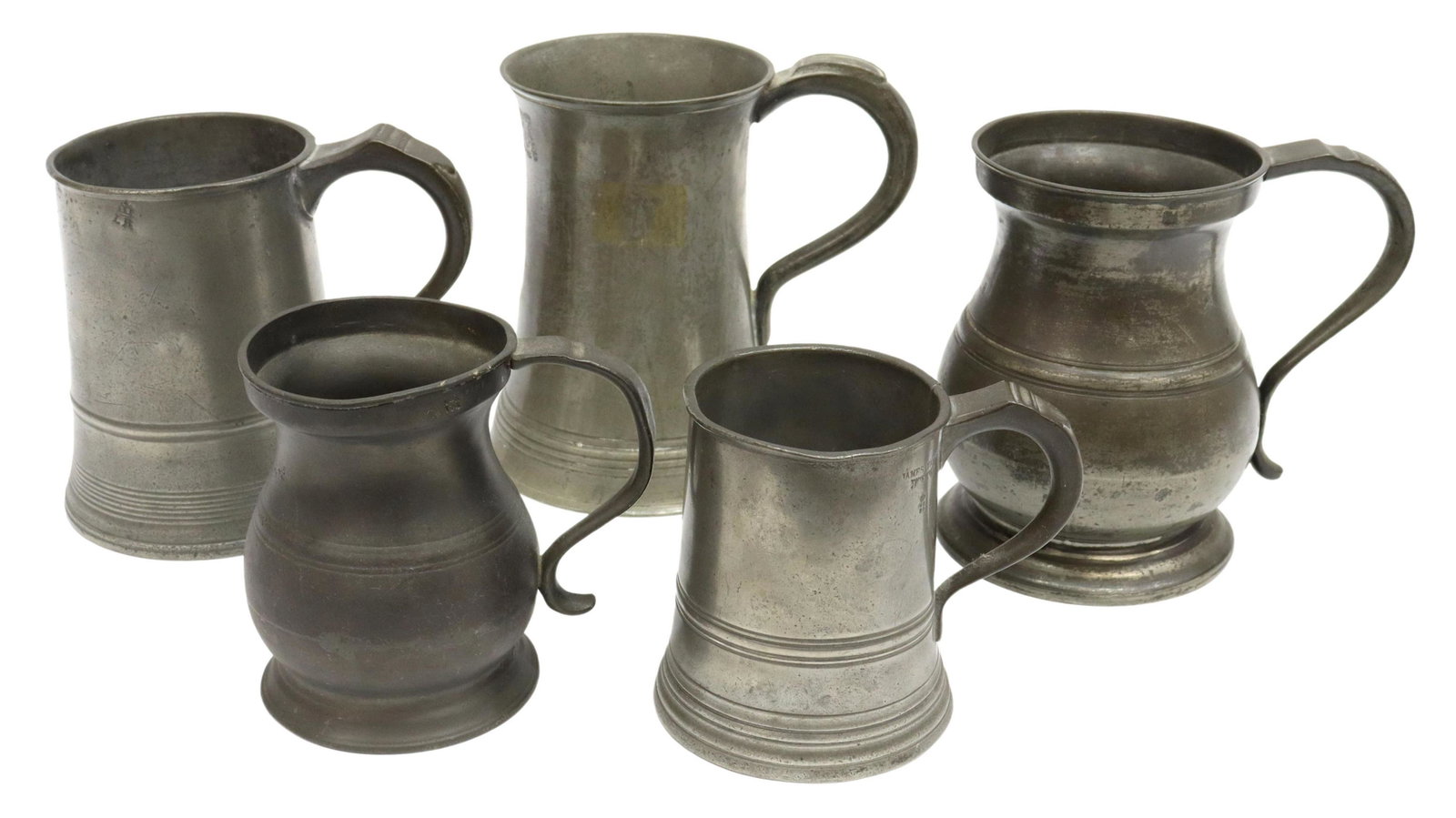 (5) PEWTER MUGS & MEASURES, 19TH C.: (lot of 5) Pewter mugs and measures, 19th c., including: (1) Yates, Birch, & Spooner quart-sized mug, London, approx 6"h, (1) James Yates pint-sized mug, London, approx 4.5"h, (1) Roswell Gleason mug,