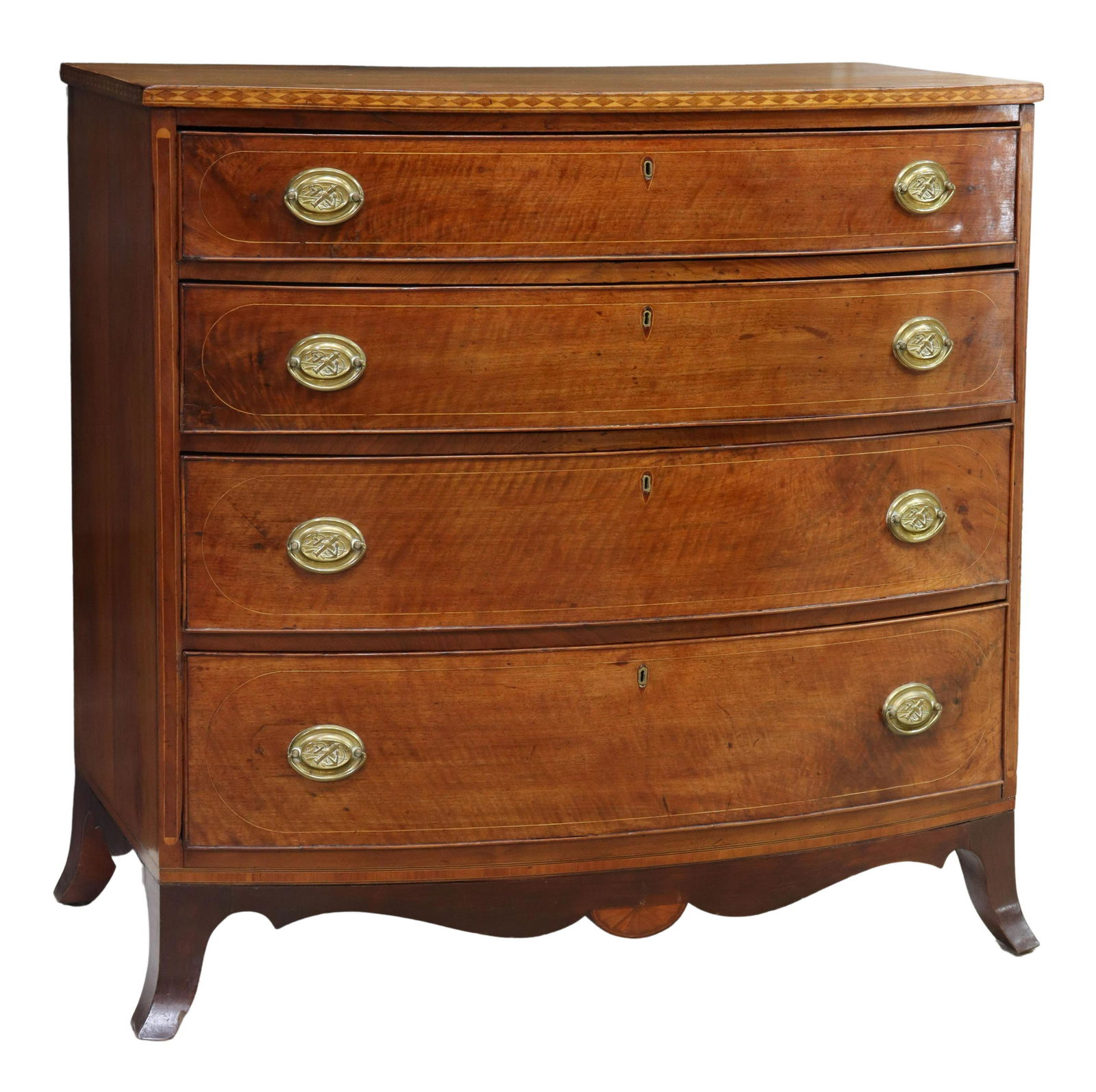 FEDERAL MAHOGANY BOWFRONT CHEST OF DRAWERS: American Federal mahogany bowfront chest of drawers, early 19th c., with geometric parquetry, box stringing, four graduated drawers, later oval brasses with anchors, scalloped apron with half fan marq