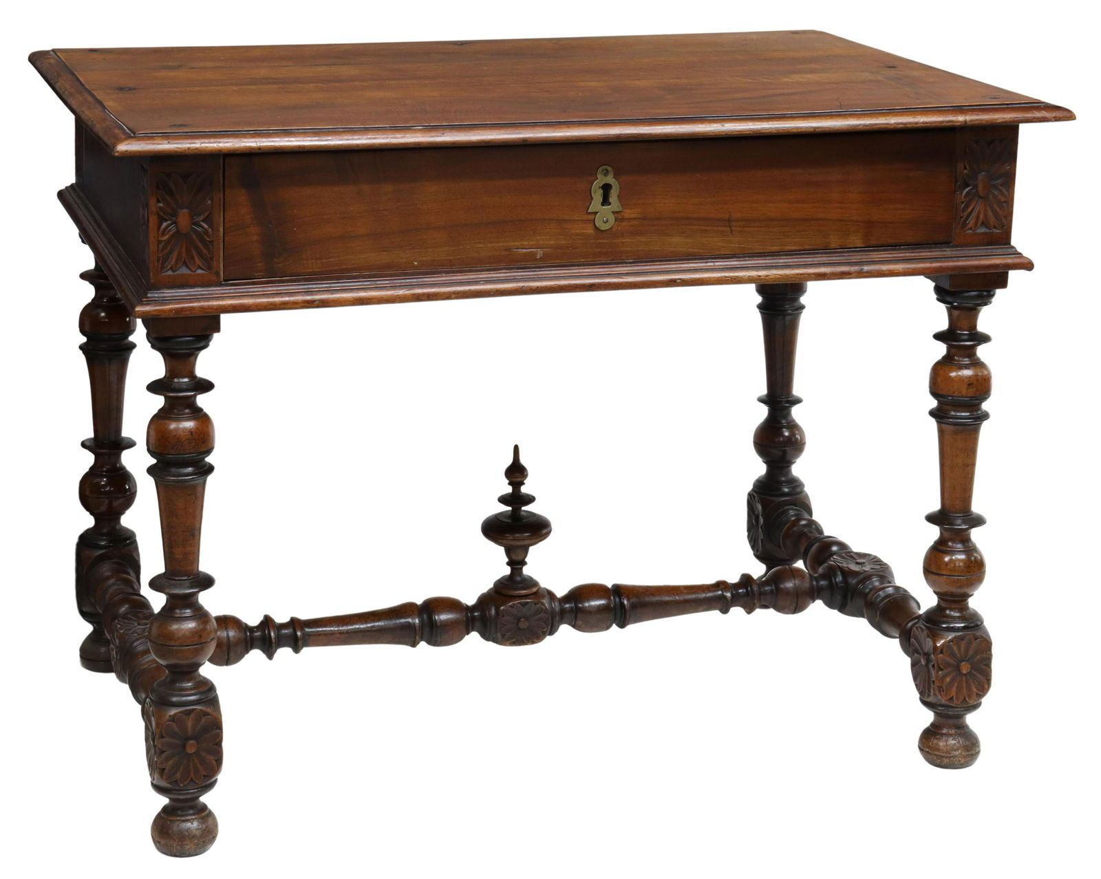 FRENCH PROVINCIAL WALNUT WRITING TABLE: French Provincial walnut writing/ work table, 19th c., rectangular top with molded edge, over a single drawer, rising on turned legs, joined by H stretcher surmounted by a turned finial, approx 28"h,