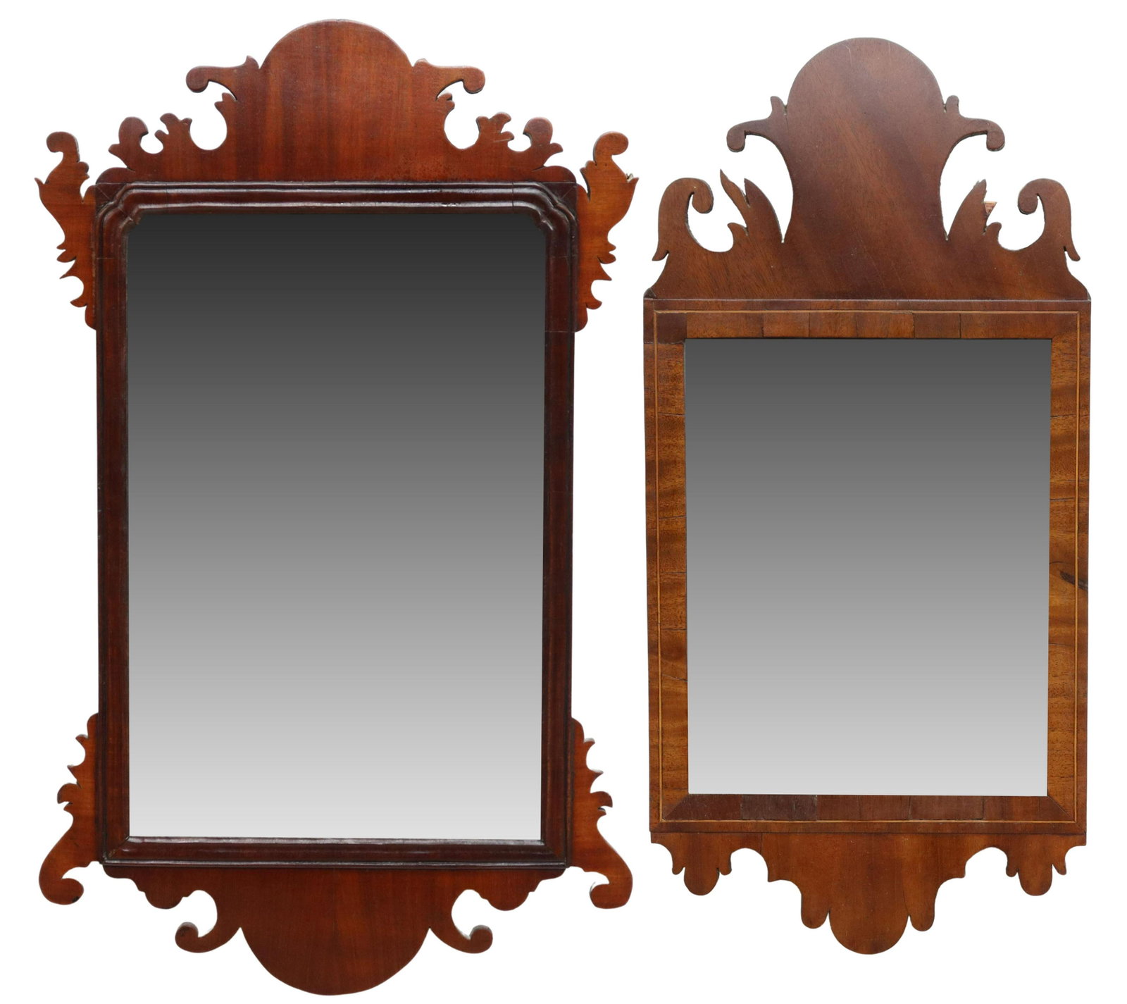 (2) AMERICAN CHIPPENDALE MAHOGANY WALL MIRRORS: (lot of 2) American Chippendale hanging wall mirrors, having carved mahogany frames enclosing flat mirror plates, comprising: (1) with banding, Kingston, New York, approx 20.25"h, 9.75"w; (1) having m