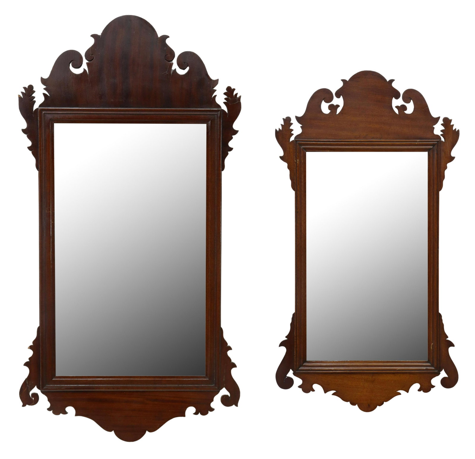 (2) AMERICAN CHIPPENDALE MAHOGANY WALL MIRORRS: (lot of 2) American Chippendale style mahogany wall mirrors, 19th c., shaped frame, centering flat mirror plate, including: (1) with restoration to frame, approx 33.5"h, 17.25"w, (1) approx 27"h, 14.5