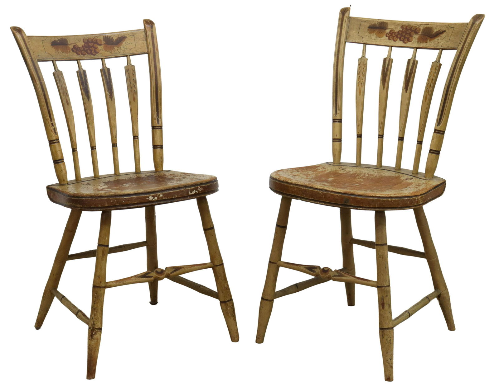 (2) AMERICAN PAINTED ARROW-BACK WINDSOR CHAIRS: (lot of 2) American arrow-back Windsor side chairs, 19th c., top rail ornamented with Hitchcock-style painted grape clusters and leaves, joined to solid shaped seat, rising on turned faux bamboo legs,