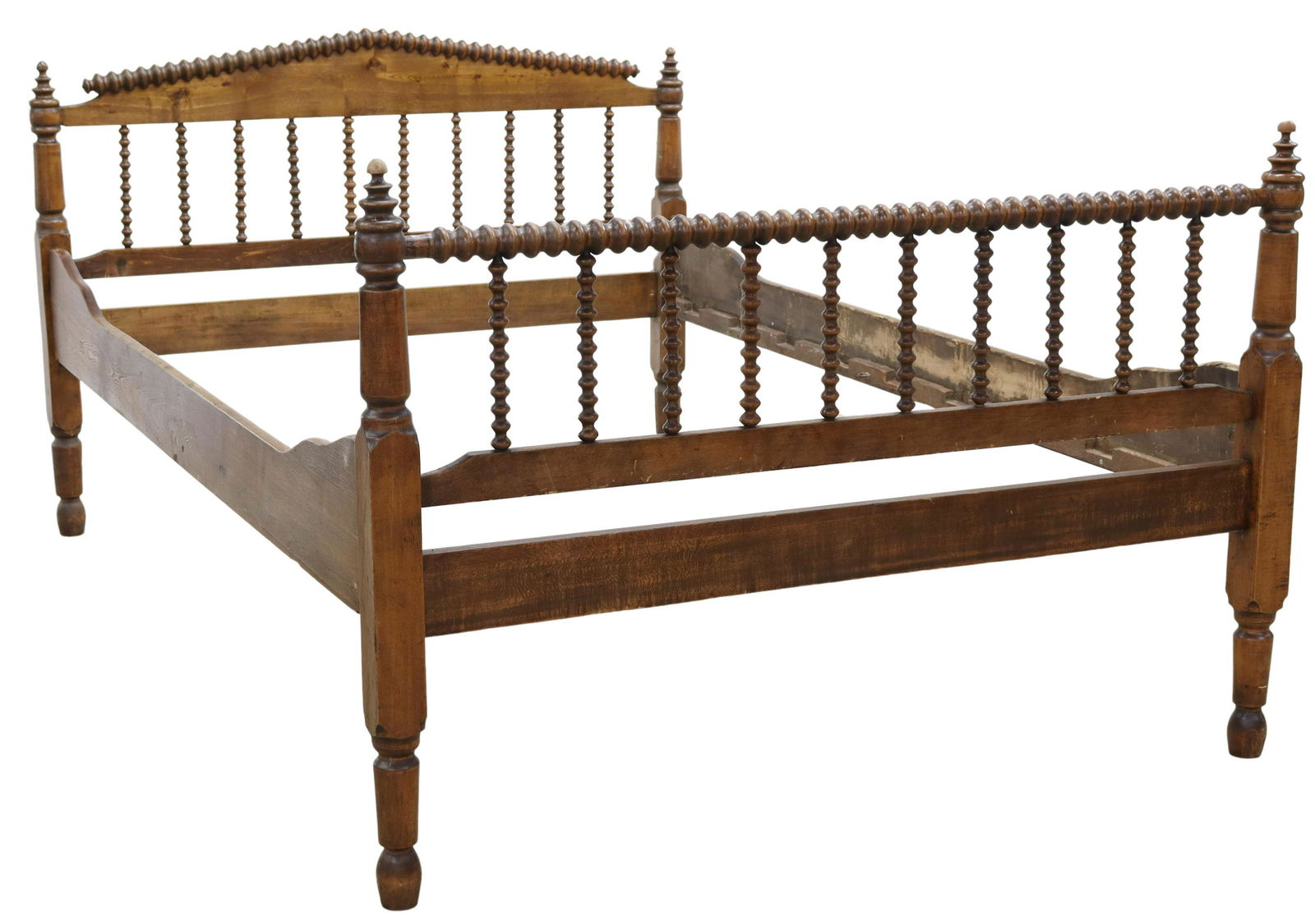 AMERICAN JENNY LIND SPOOL-TURNED BED: American "Jenny Lind" bed, late 19th c., headboard with triangular pediment, spool-turned slats, turned posts, shaped rails, exterior: approx 37.75"h, 77"l, 52.75"w, interior: approx 72.25"l, 49.75"w