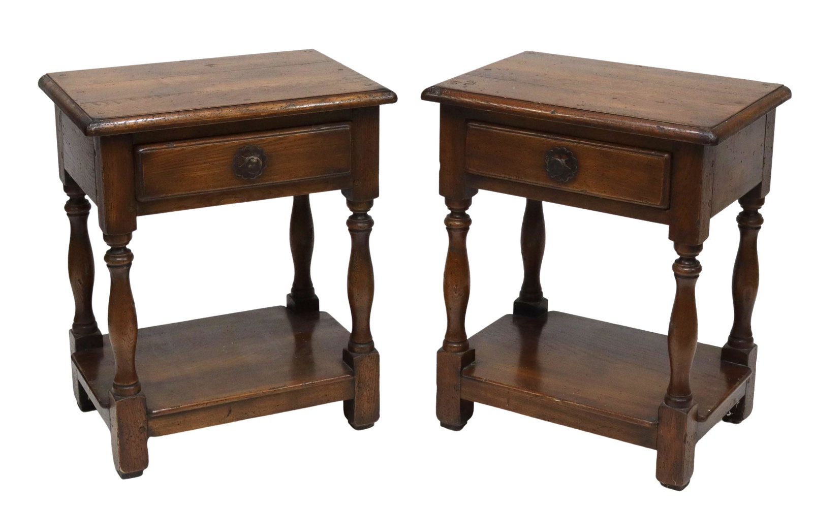 (2) FRENCH PROVINCIAL OAK NIGHTSTANDS: (pair) French Provincial oak nightstands, early 20th c., molded rectangular top over single drawer, turned legs joined by medial shelf, ending in block feet, approx 24"h, 20"w, 13.75"d Start Price: $1